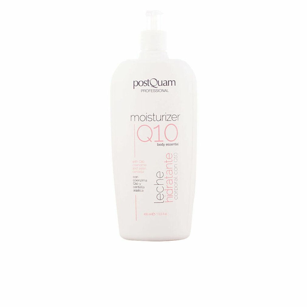 Weiße Flasche mit Pumpe. Produktname: moisturizer Q10. Text auf der Flasche.