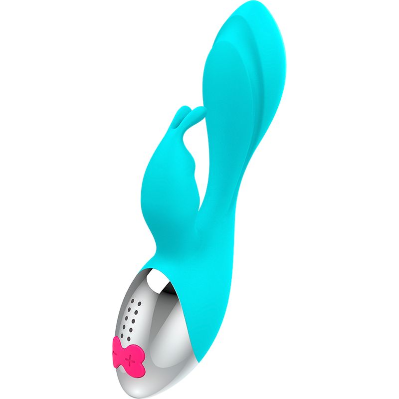 Türkisfarbener Vibrator mit silbernem Kopf und pinkfarbenen Bedienelementen. Hasenohren-Design.