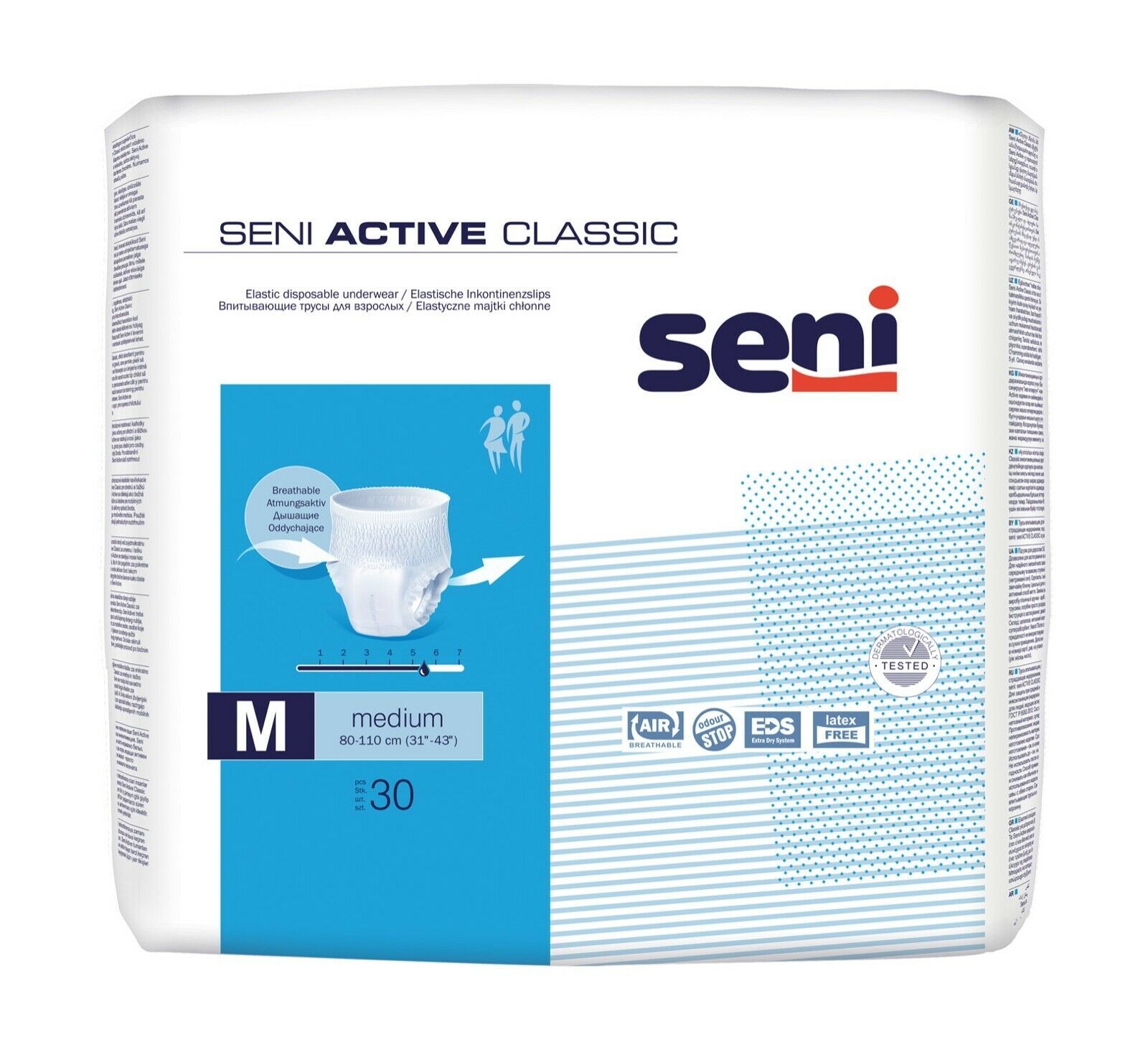 Verpackung Seni Active Classic Inkontinenzpants, Größe M. 30 Stück. Mit Größenangabe und Produktabbildung.