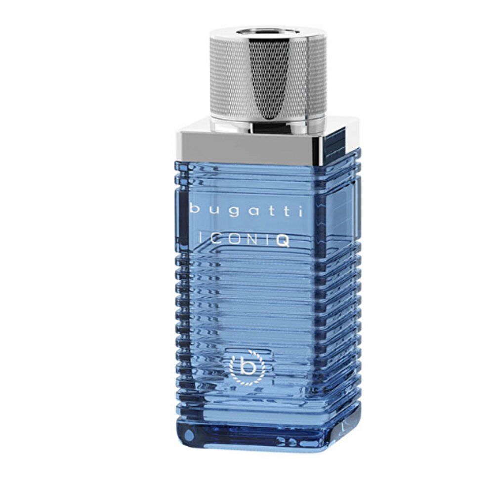 Bugatti Iconiq Blue EdT Flakon. Eckiger, blauer Flakon mit silbernem Deckel. Logo und Schriftzug auf dem Flakon.