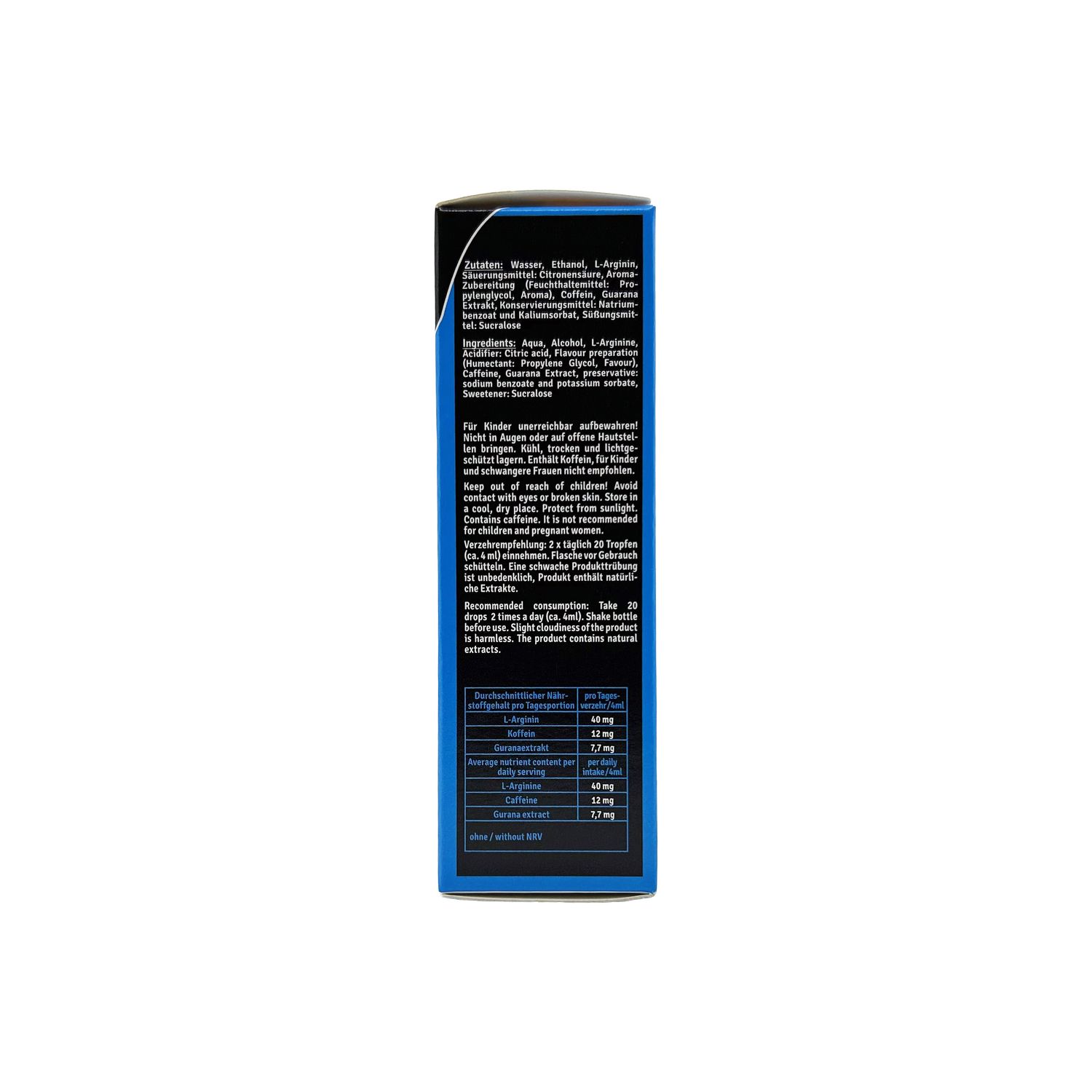 Seite der VOLUME drops men Verpackung mit Anwendungshinweisen und Inhaltsstoffen.