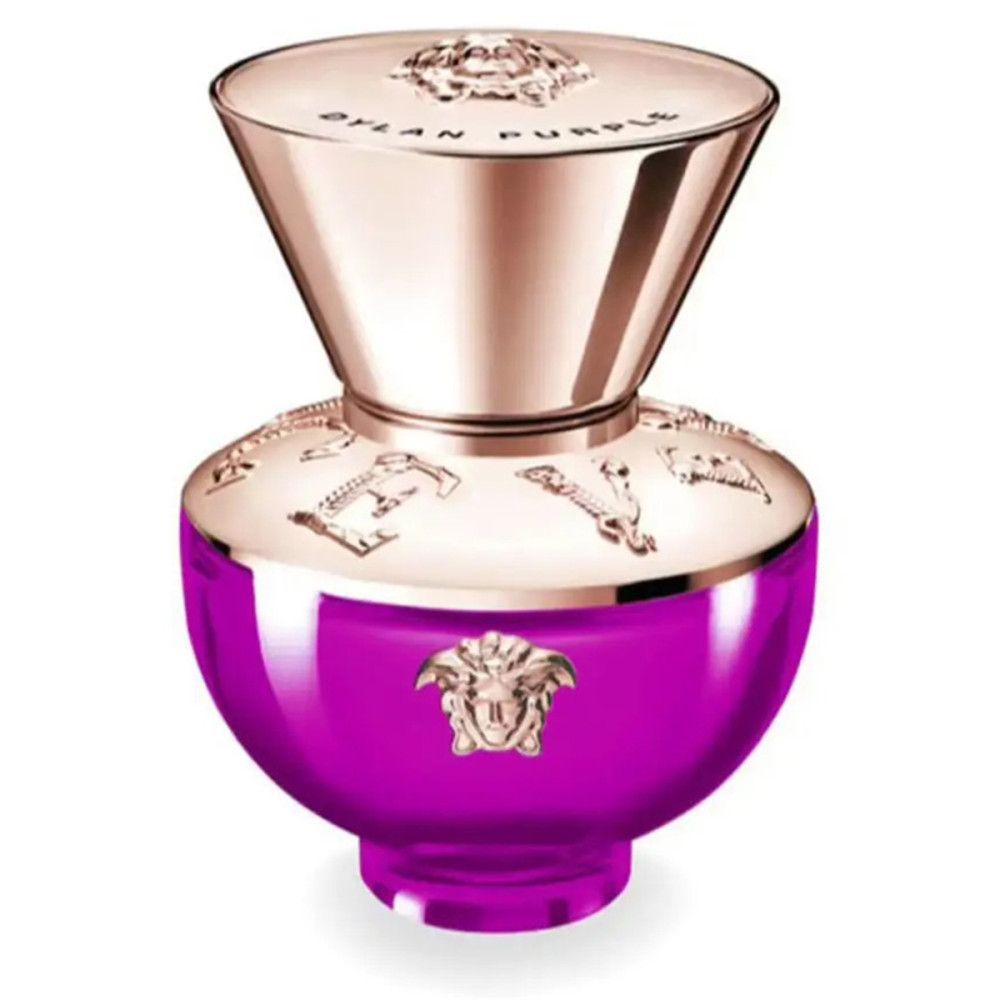 Versace Pour Femme Dylan Purple Eau de Parfum Spray. Lila Flakon mit goldenem Deckel. Medusa-Logo.