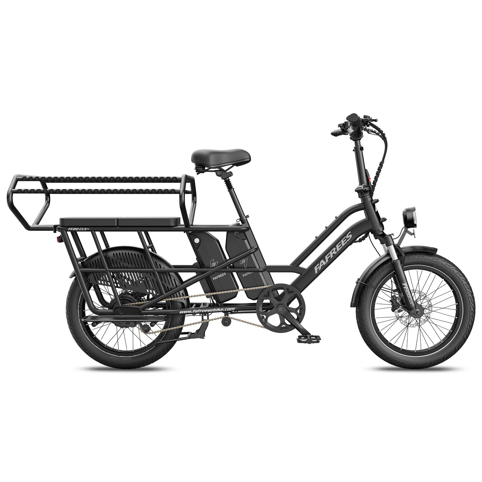 Seitenansicht eines schwarzen Fafrees FF20 CUV Elektrofahrrads mit zwei Akkus und Gepäckträger.