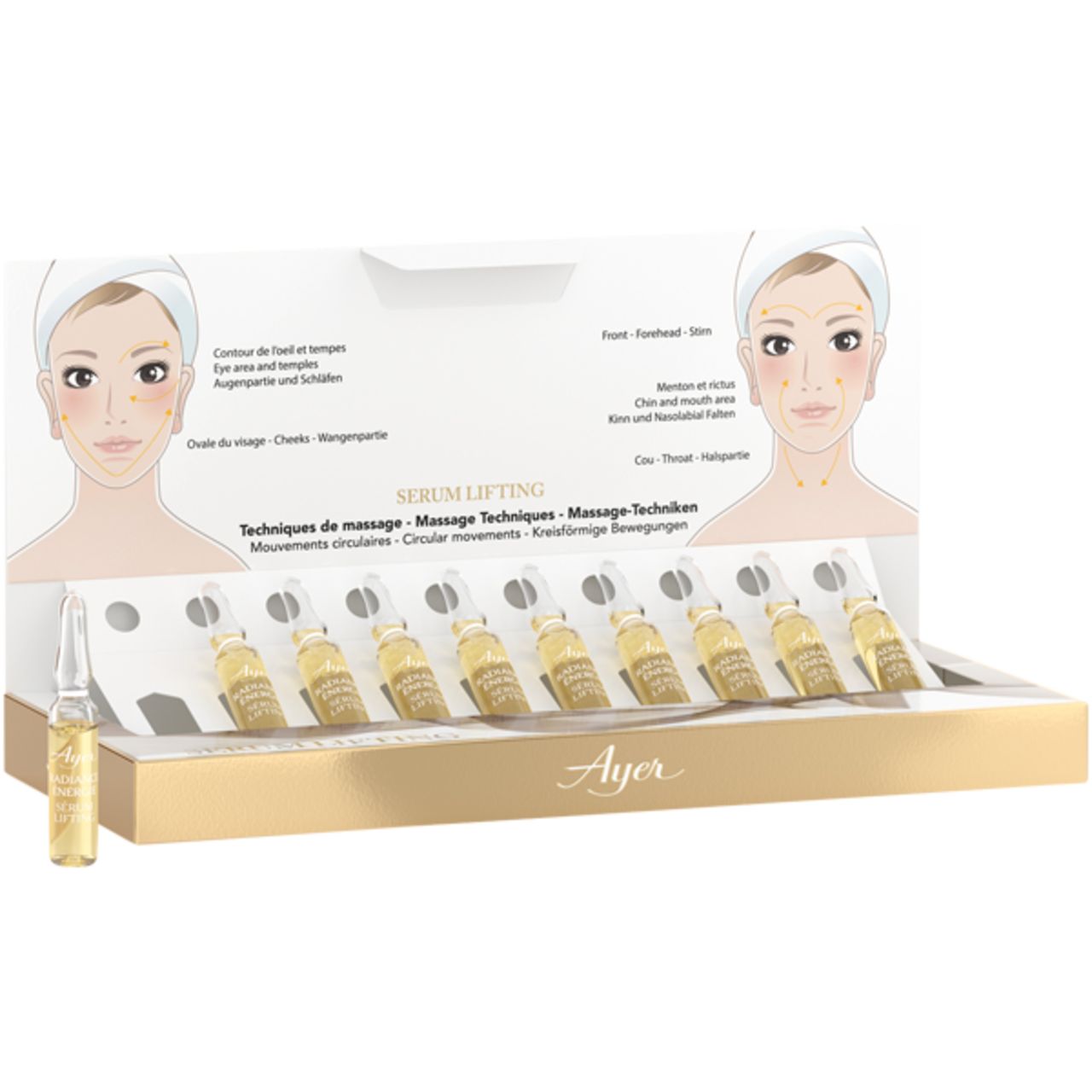 Verpackung mit Ampullen. Ayer Serum Lifting. Gesichtsdarstellung mit Massagepunkten. Eine Ampulle herausgenommen.
