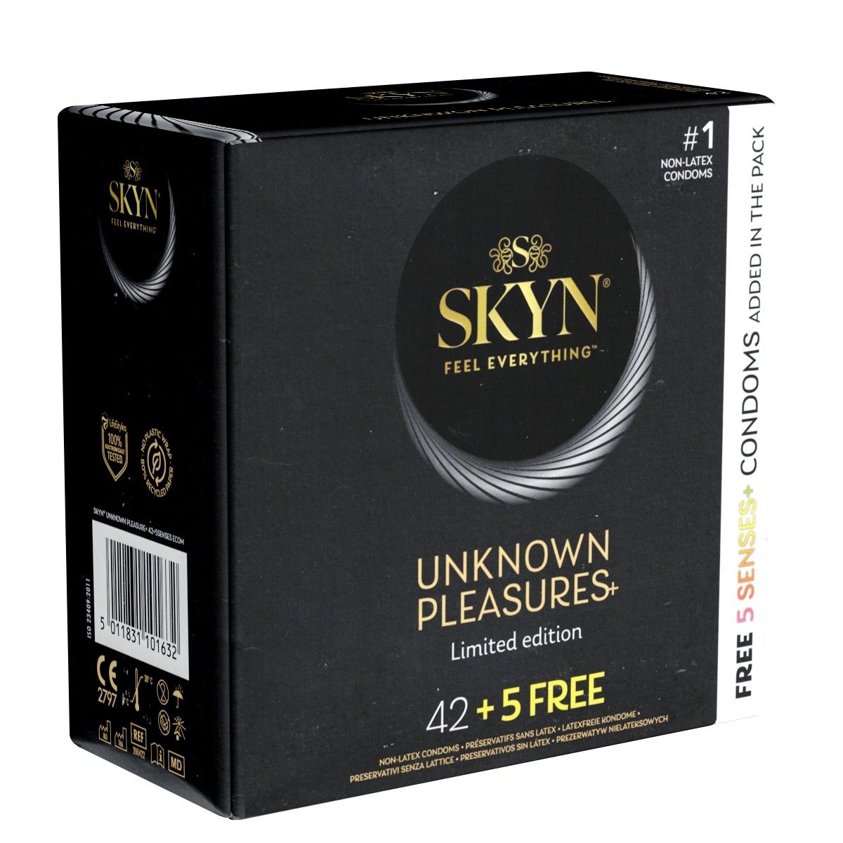 Schwarze Verpackung mit Produktbezeichnung und Logo. Aufschrift: UNKNOWN PLEASURES+ Limited Edition, 42+5 FREE. #1 Non-Latex Kondome.