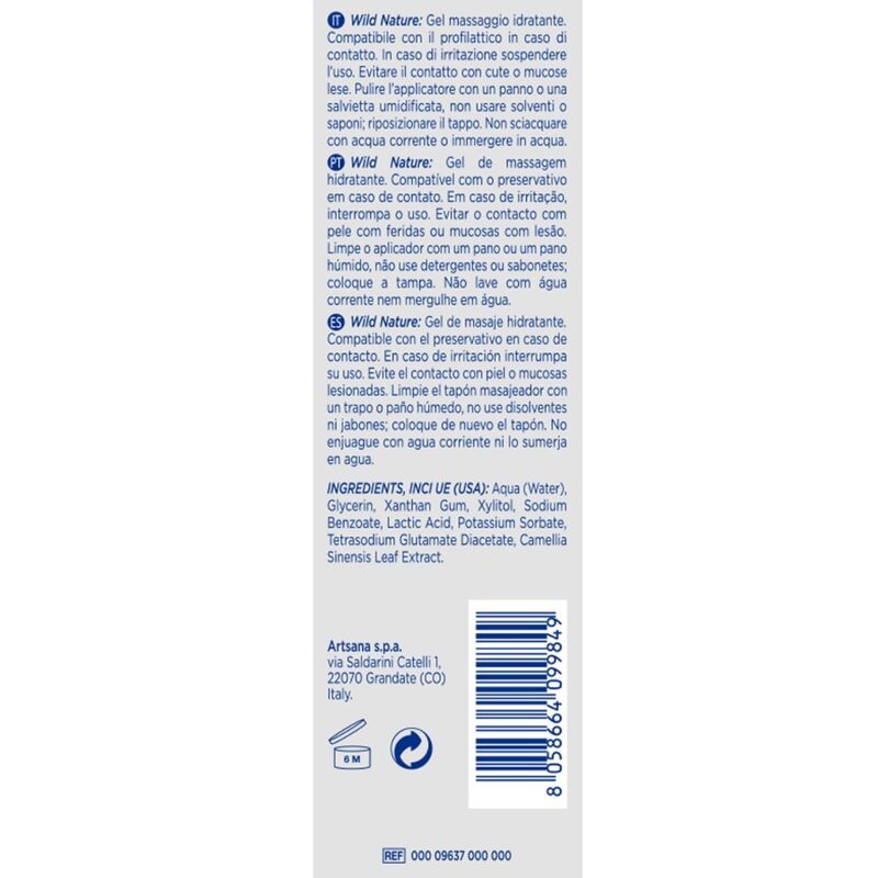 Weiße Flasche mit grünem Deckel. Rückseite mit Text. Zutatenliste und Herstellerinformationen.