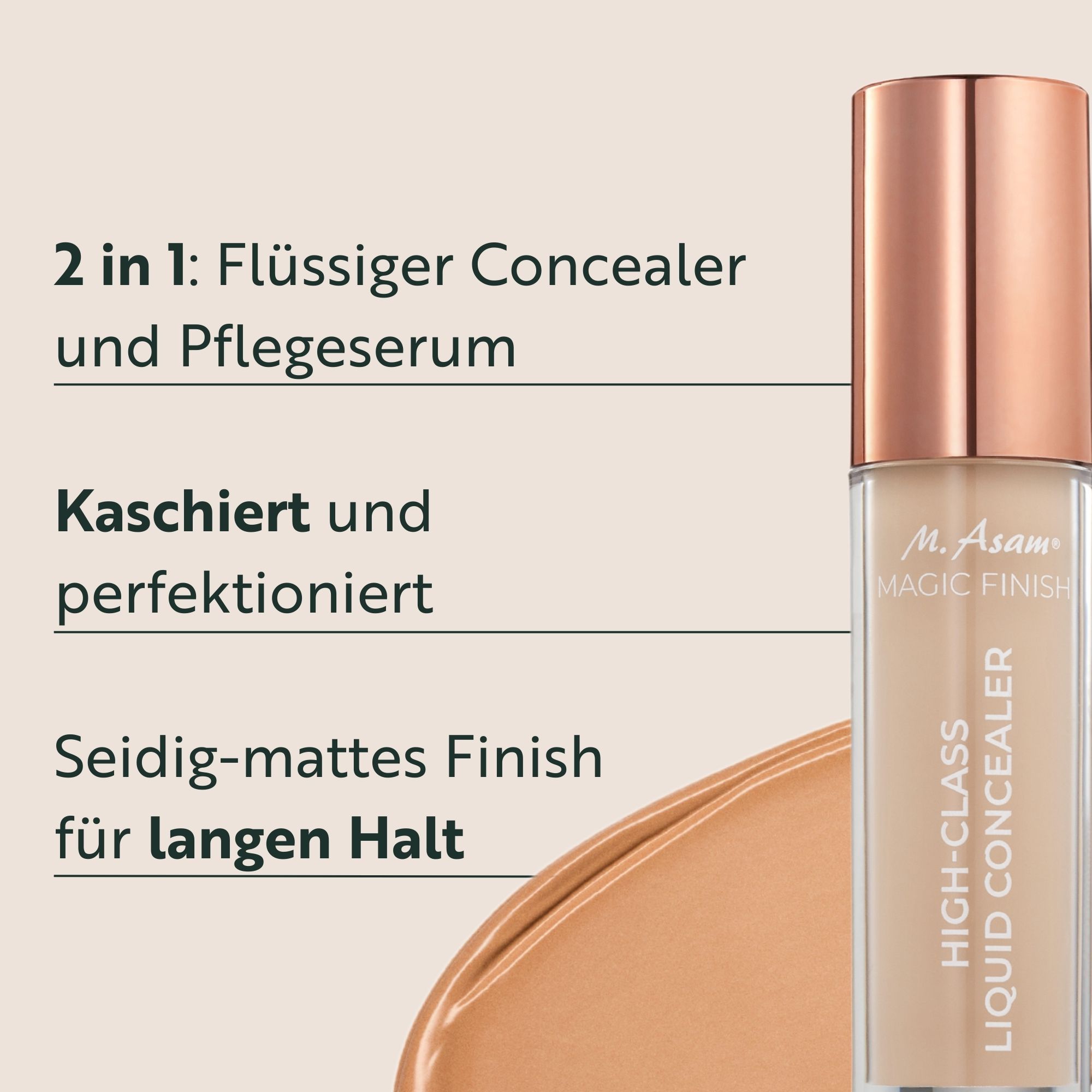 Flüssiger Concealer mit Text. Enthält Text: 2 in 1: Flüssiger Concealer und Pflegeserum. Kaschiert und perfektioniert. Seidig-mattes Finish für langen Halt.
