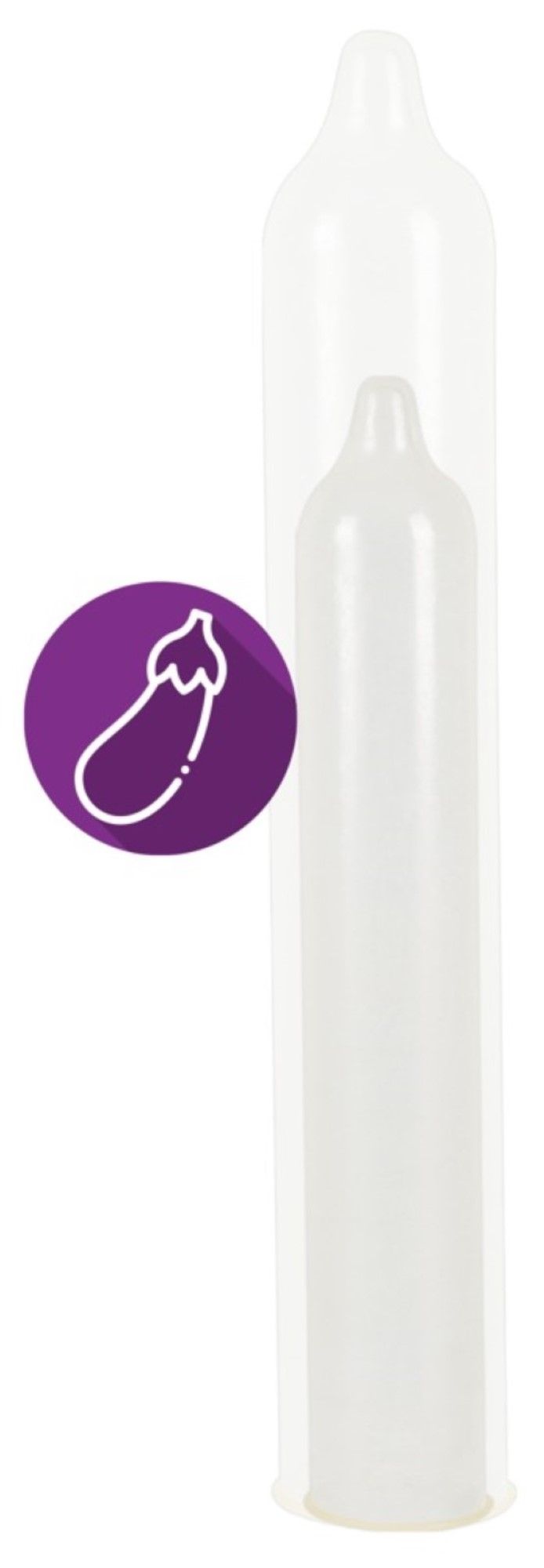 Zwei transparente Kondome. Lila Kreis mit Aubergine-Symbol. Kondome ineinander.