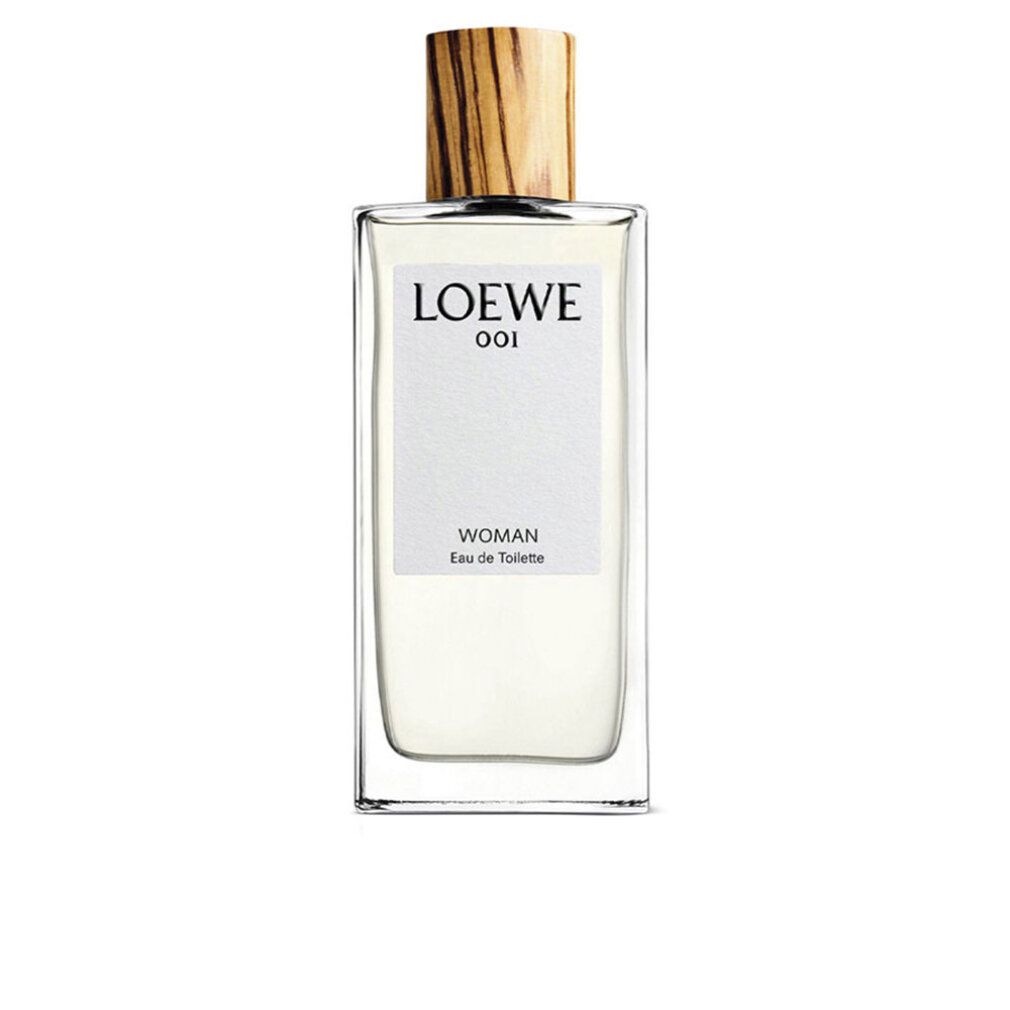 Loewe 001 Woman Eau de Toilette Spray. Flakon rechteckig, transparent. Holzfarbener Verschluss. Weißes Etikett mit Produktinformationen. Ohne Verpackung.
