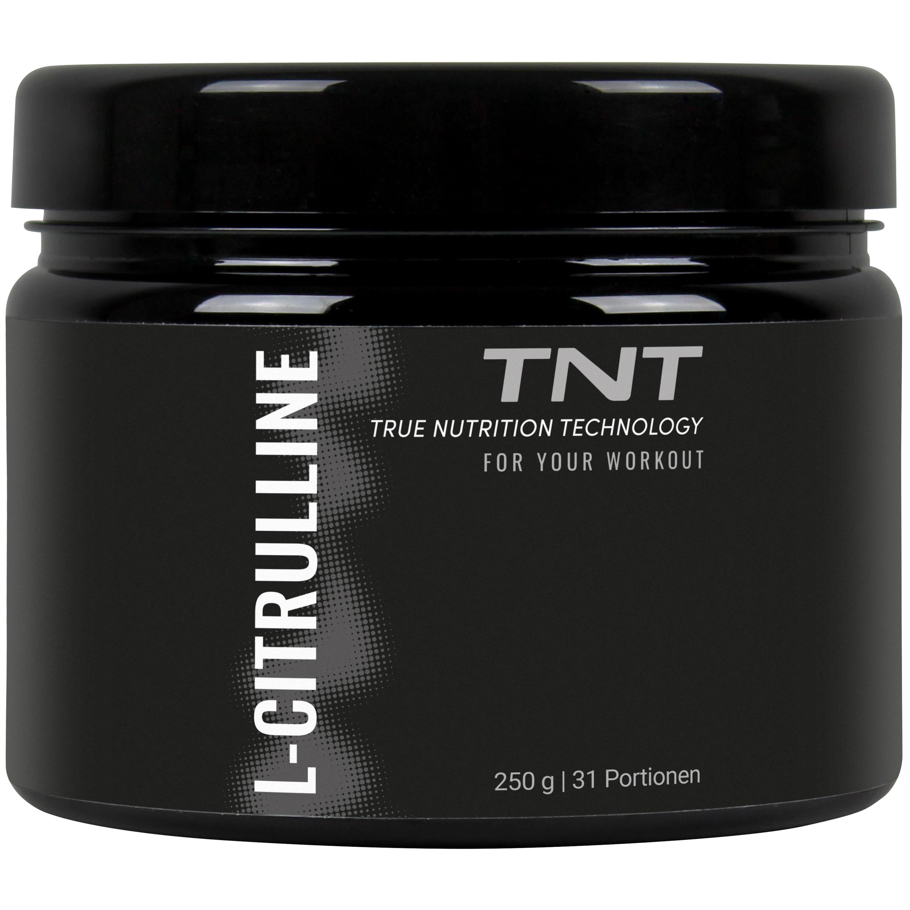 Schwarzes TNT-Produktglas mit L-Citrullin-Aufschrift. 250 g | 31 Portionen. Aufschrift: TRUE NUTRITION TECHNOLOGY FOR YOUR WORKOUT.