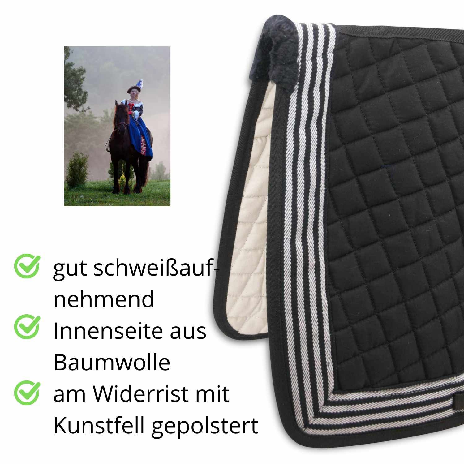 Schwarze Sattelunterlage mit weißem Streifendesign. Innenseite aus Baumwolle, am Widerrist mit Kunstfell gepolstert.