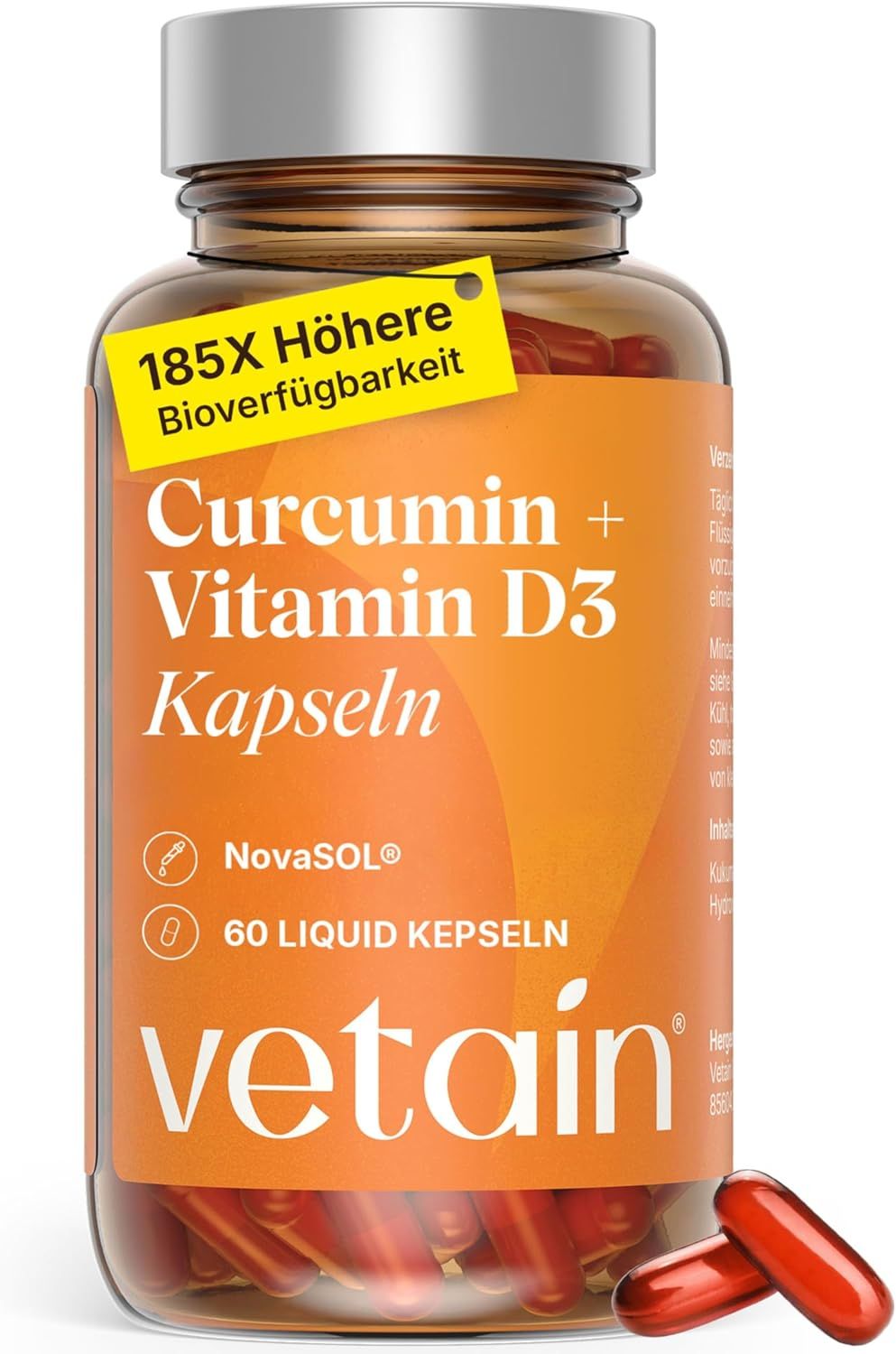 VETAIN Kurkuma Kapseln mit Vitamin D3 Flasche, 60 Liquid Kapseln.