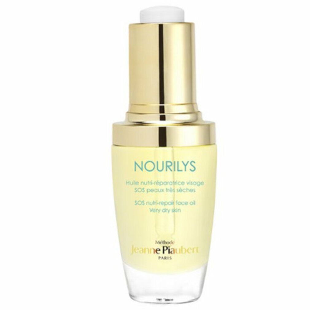 Gesichtsölflasche mit goldener Kappe und weißem Tropfer. Aufschrift: NOURILYS, SOS nutri-repair face oil.
