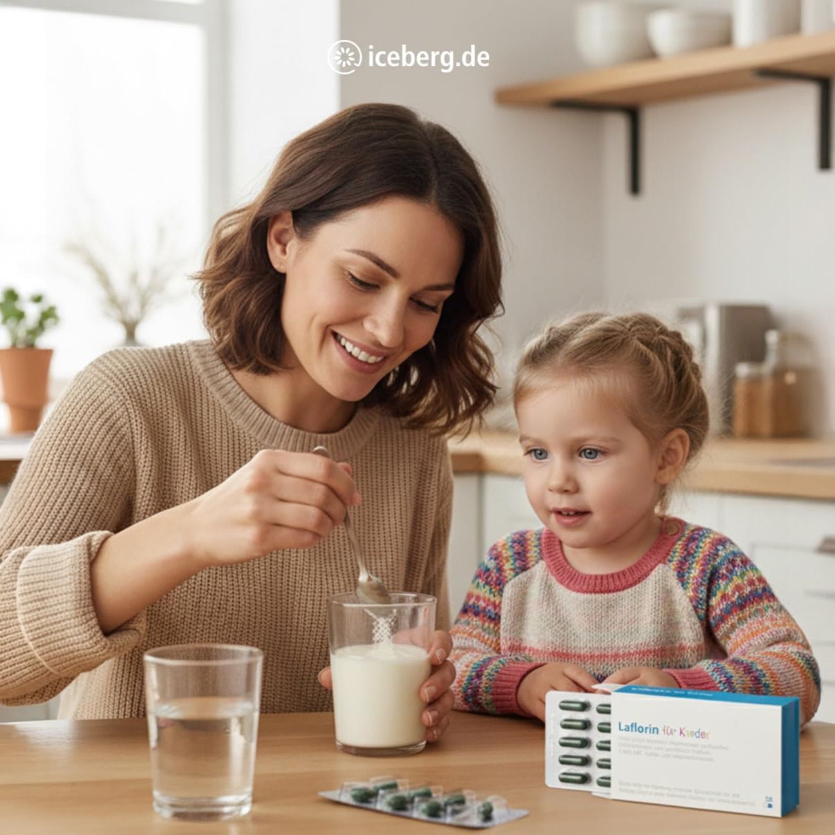 Frau und Kind am Tisch. Auf dem Tisch: Glas, Wasser, Tablettenpackung mit Aufschrift Laflorin für Kinder.