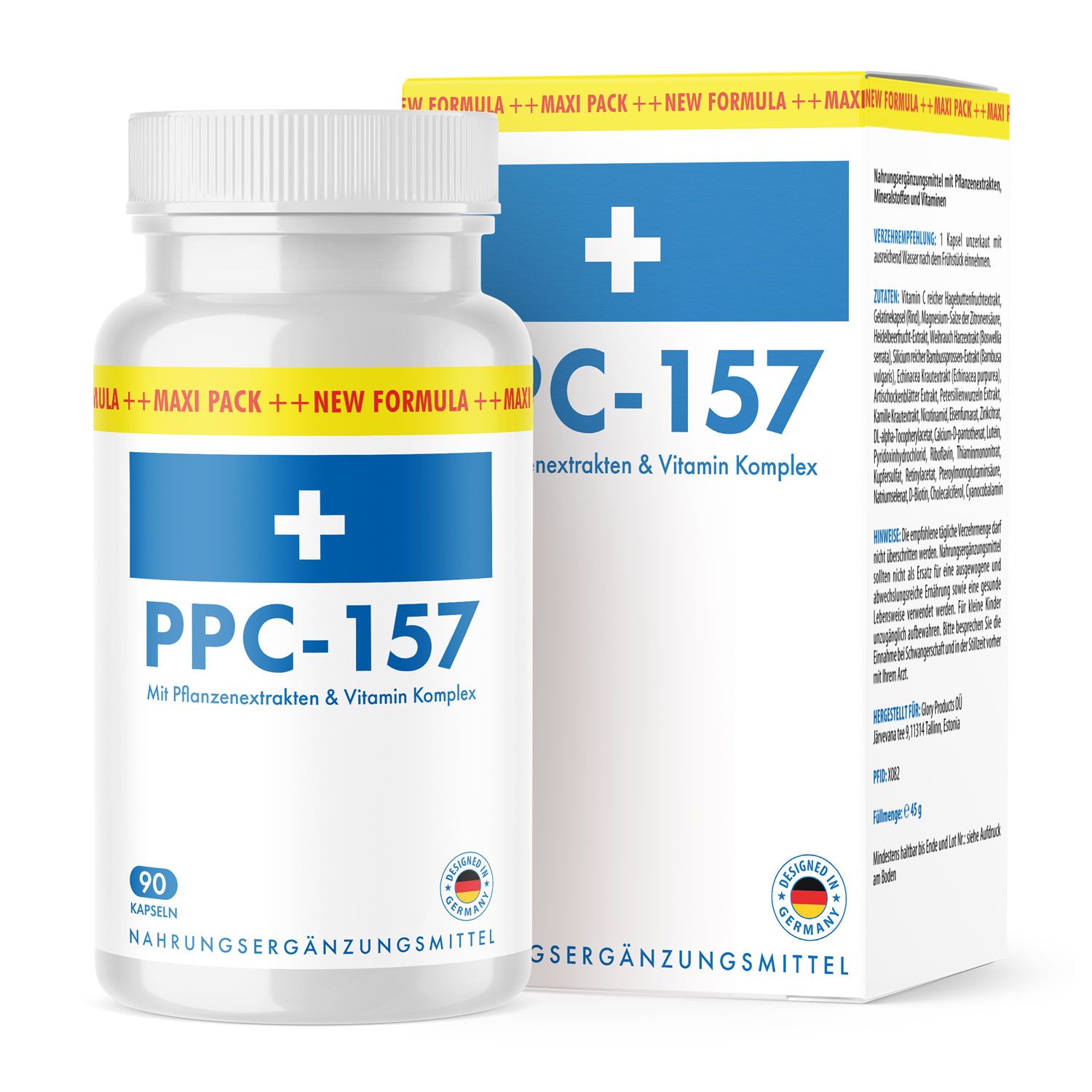 Weiße Flasche mit Kapseln, blauem Etikett mit Kreuz und Aufschrift PPC-157. Karton mit Produktinformationen. Hergestellt in Deutschland.