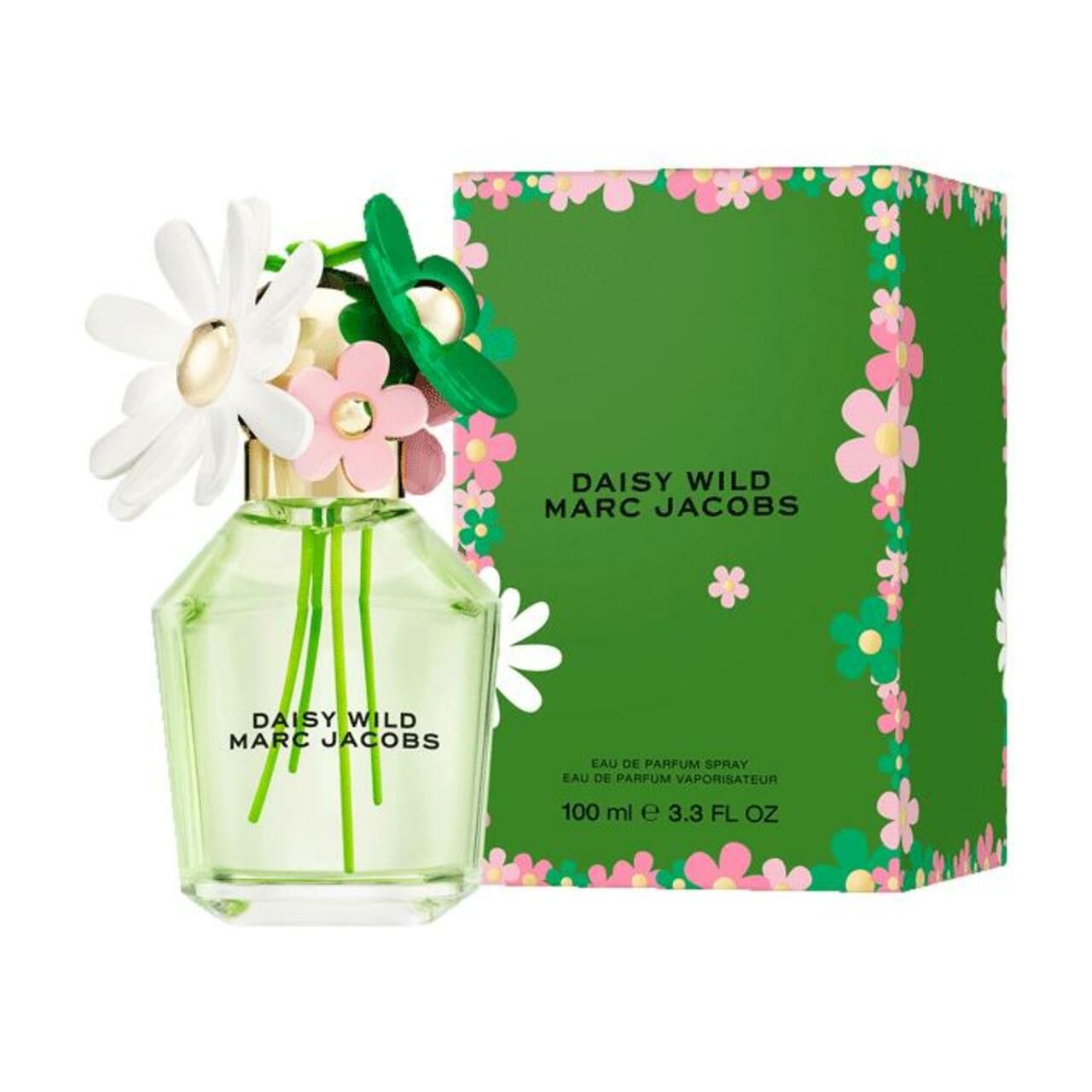 Parfümflakon mit Blumenaufsatz und Verpackung. Flakon mit grünlicher Flüssigkeit. Verpackung grün mit Blumenmuster. Schriftzug: Daisy Wild Marc Jacobs.
