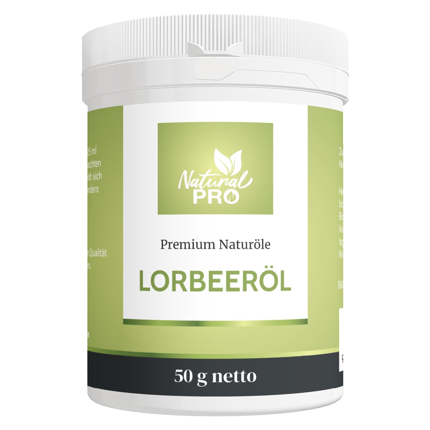 Weißer Tiegel mit grünem Etikett. Text: Lorbeeröl, 50 g netto. Natural Pro, Premium Naturöle.
