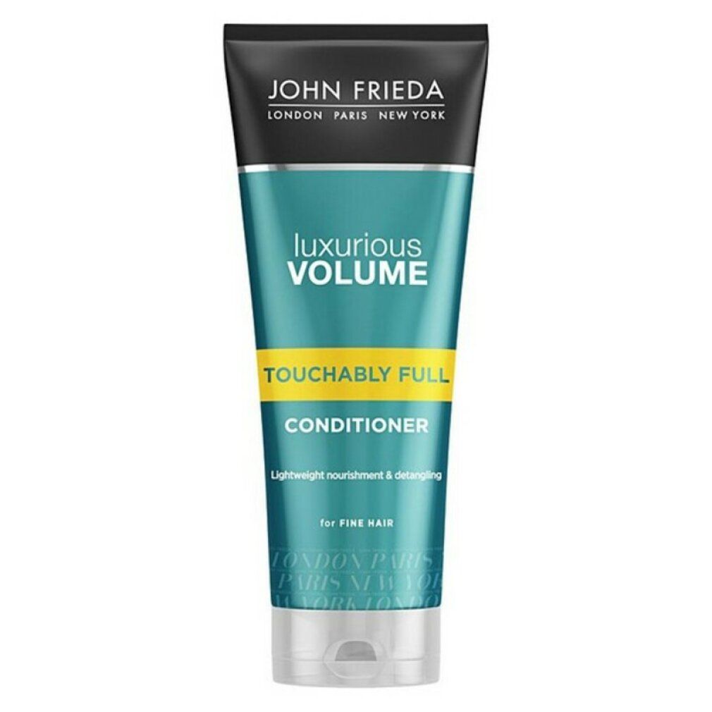 John Frieda Conditioner-Tube. Luxuriöses Volumen, Touchably Full. Für feines Haar. Grün-weißes Design mit schwarzem Deckel.