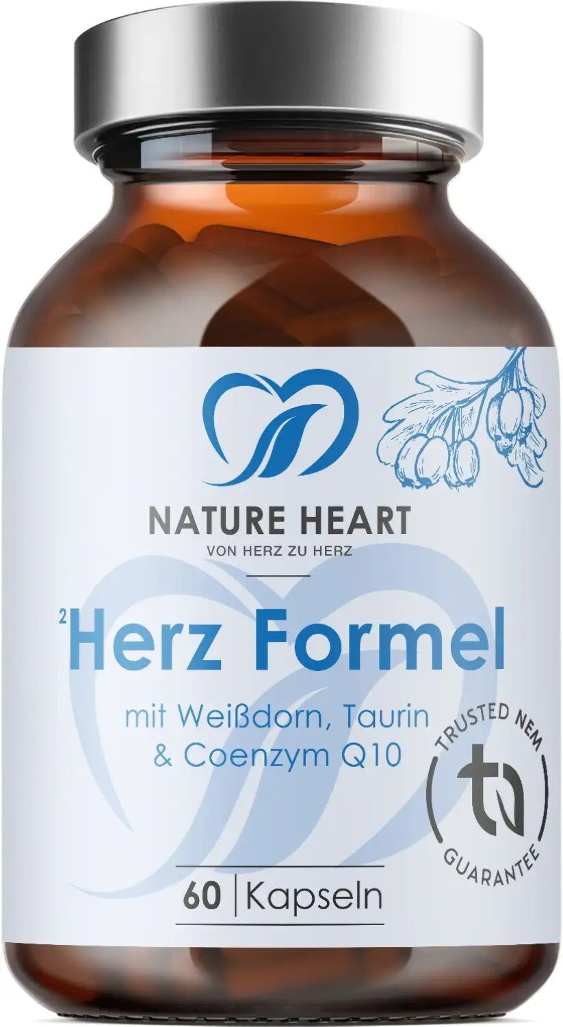Braune Glasflasche mit Kapseln. Aufschrift 'Herz Formel' und '60 Kapseln'. Logo 'Nature Heart'.