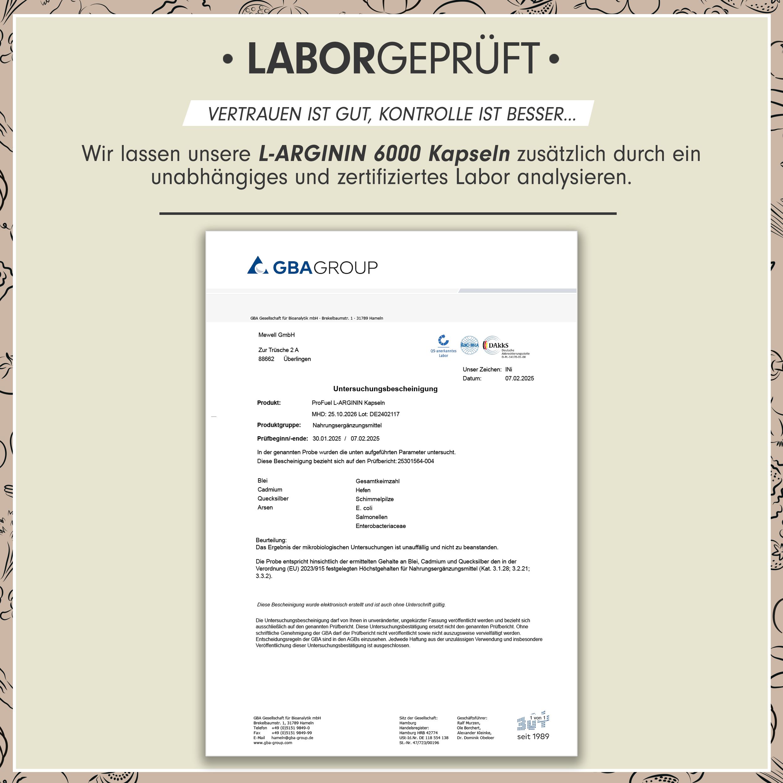 Laborbericht. L-Arginin 6000 Kapseln. Analyse durch ein unabhängiges Labor. GBA Group.