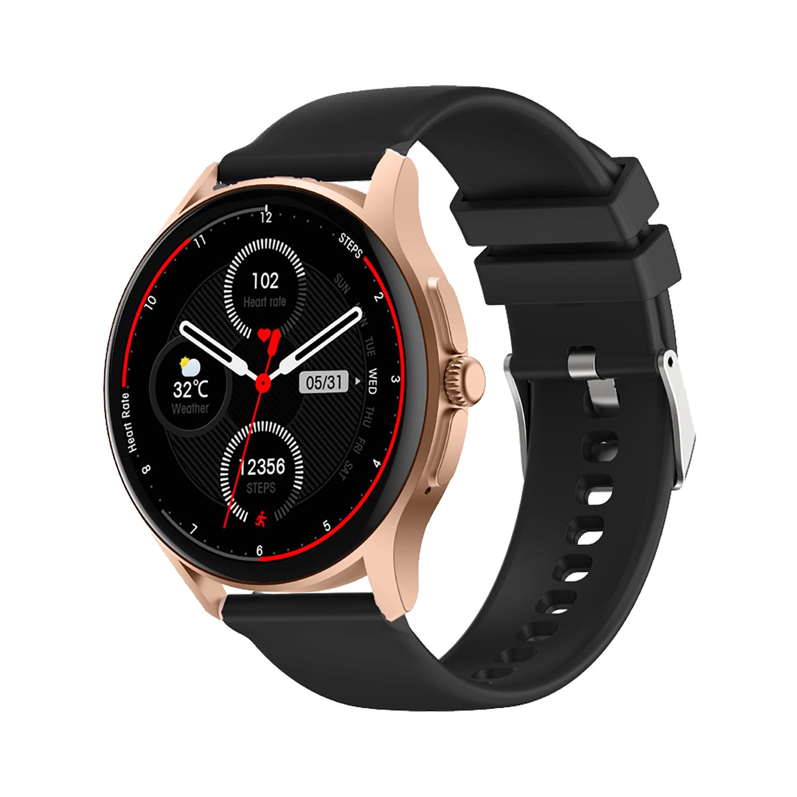 Runde Smartwatch mit schwarzem Armband und roségoldfarbenem Gehäuse. Das Display zeigt Informationen wie Herzfrequenz, Datum und Schritte.