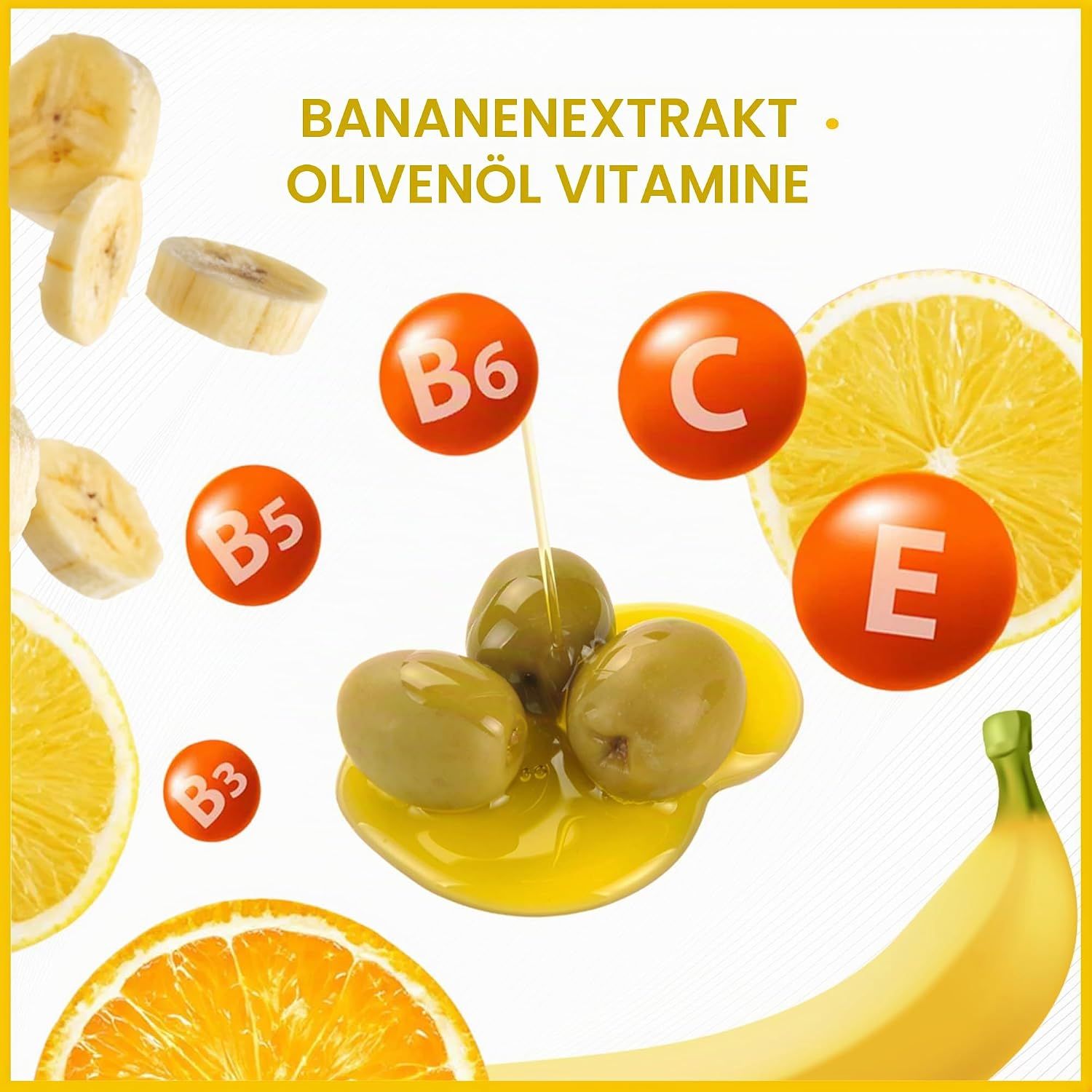 Zutaten für Haarpflege: Bananen, Olivenöl, Zitronen, Orangen und Vitamine B3, B5, B6, C, E.