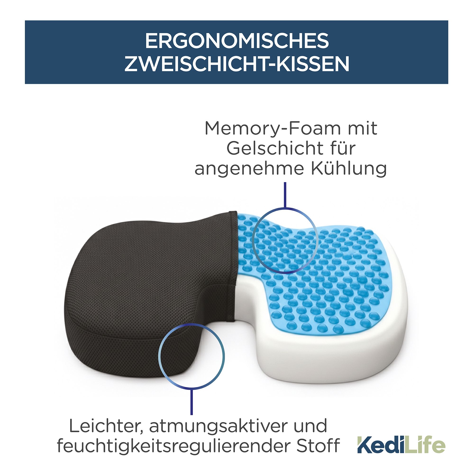 KediLife Ergonomisches Sitzkissen - Sitzkissen Bürostuhl und Autositz aus Memory Schaum