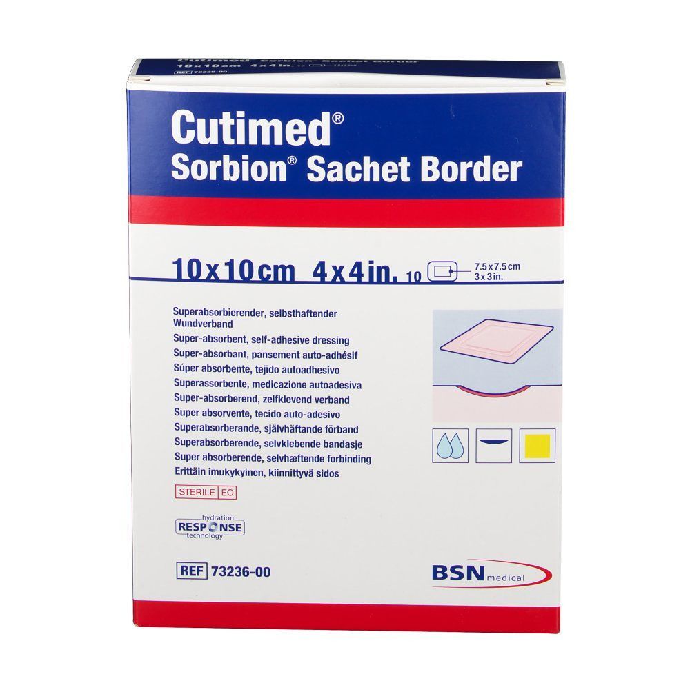 Vorderansicht der Verpackung von Cutimed Sorbion Sachet Border, 10x10cm. Aufschrift: Superabsorbierend, selbsthaftend. BSN medical Logo.