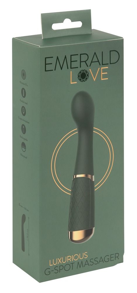 Produktverpackung. Grüner Vibrator, goldfarbene Akzente, in Box. Text: Emerald Love, Luxurious G-Spot Massager.