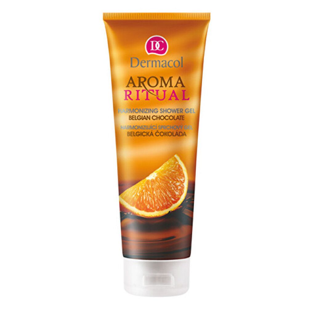 Duschgel-Tube mit Produktnamen und Orangen-Illustration. Text: Aroma Ritual, Belgian Chocolate, harmonisierendes Duschgel.