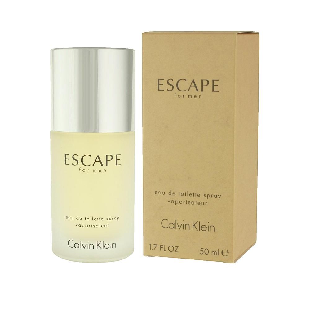 Flakon und Verpackung von Calvin Klein Escape for men. Flakon zylindrisch, silberner Deckel. Verpackung braun mit Produktnamen.