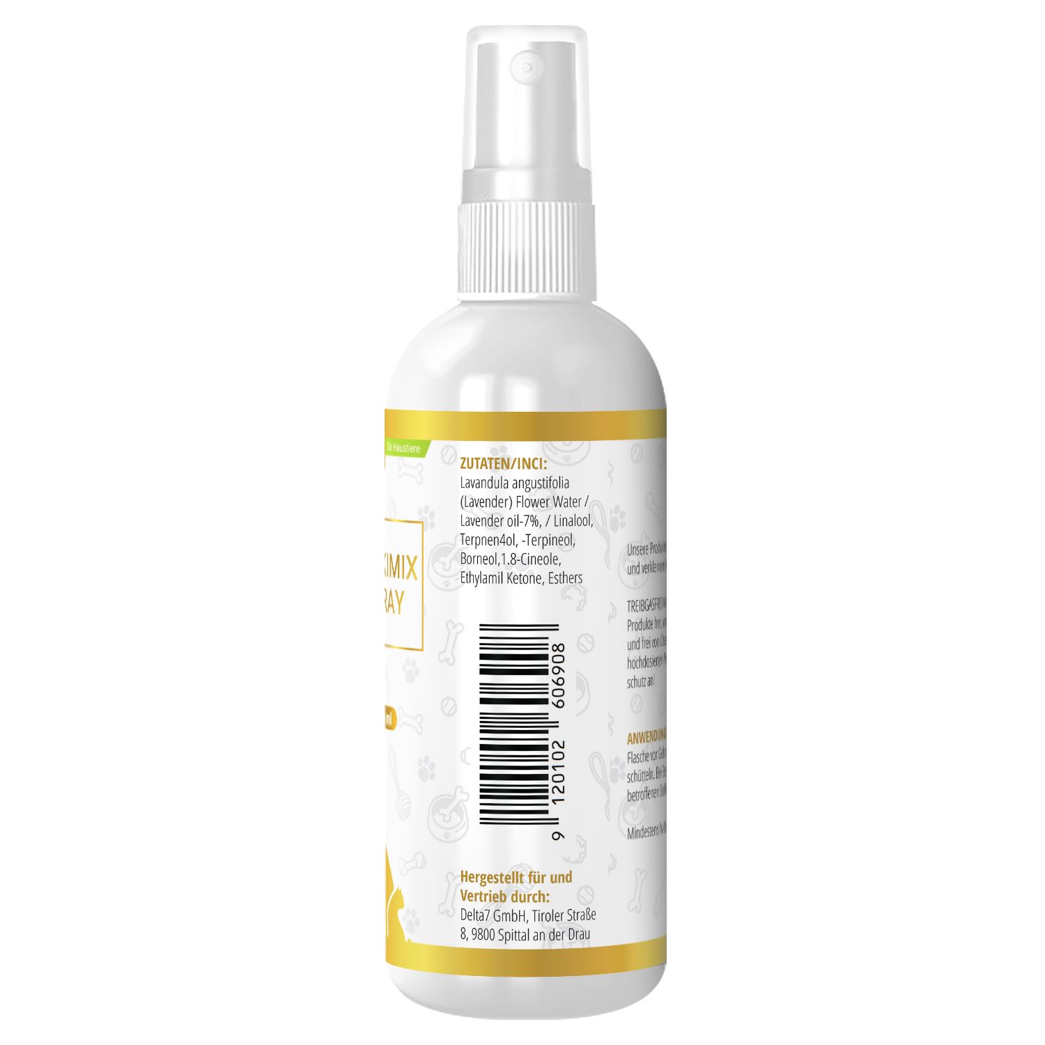 Rückseite der Zeckimix Spray Flasche. Barcode und Text in deutscher Sprache. Goldfarbene Akzente am oberen und unteren Rand.