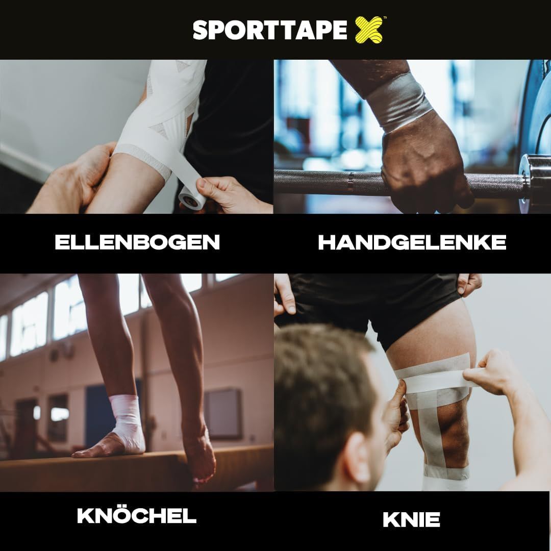 Vier Anwendungen von Zinkoxid-Tape: Ellenbogen, Handgelenke, Knöchel, Knie.