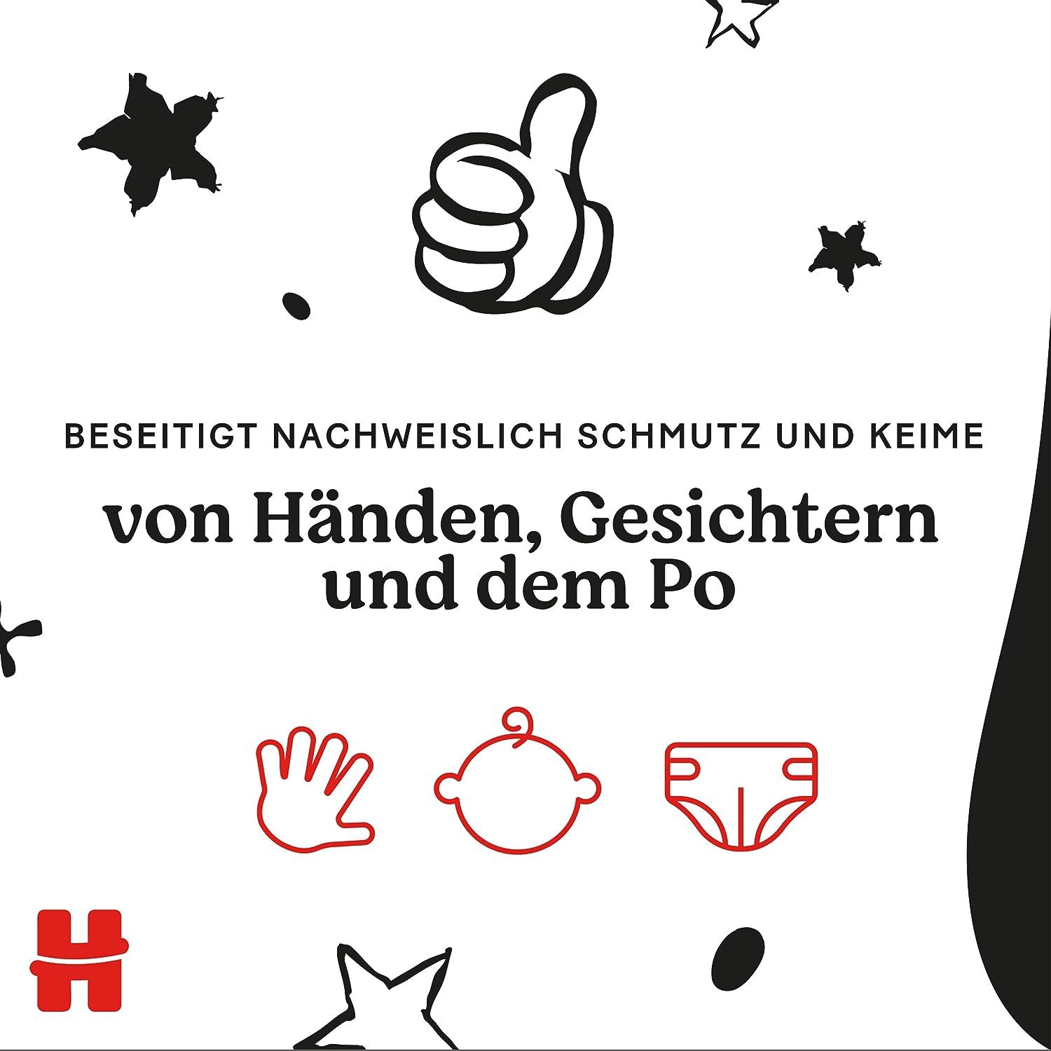 Text: „Beseitigt nachweislich Schmutz und Keime von Händen, Gesichtern und dem Po“. Grafiken von Hand, Babykopf und Windel. Sterne.