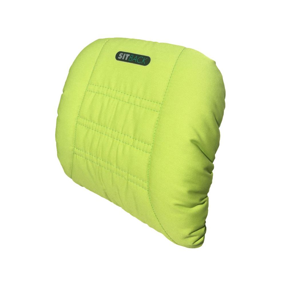 Grünes Nackenkissen mit Steppnähten und Logo. Rechteckige Form, leicht gewölbt. Textilbezug.