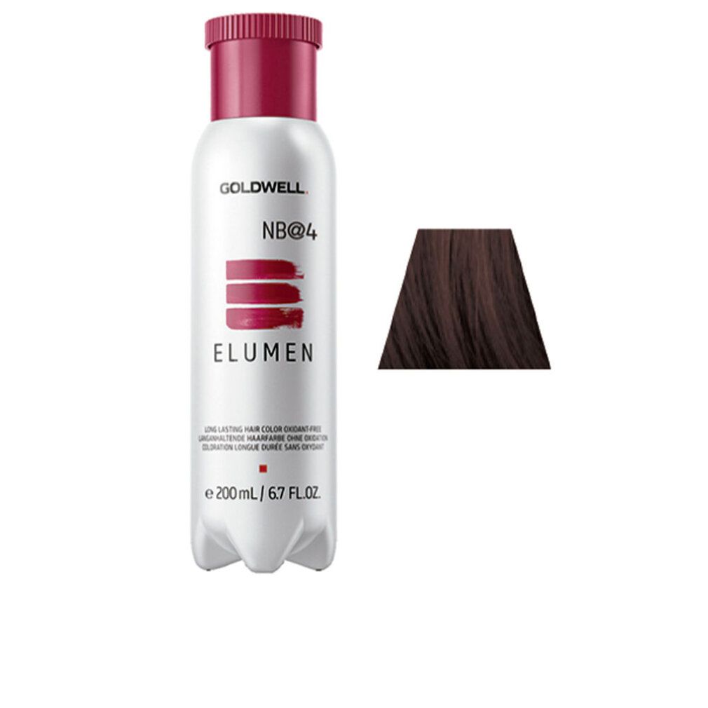 Flasche mit Haarfarbe. Goldwell ELUMEN NB@4. Farbprobe rechts. Text: Lang anhaltende Haarfarbe ohne Oxidationsmittel.