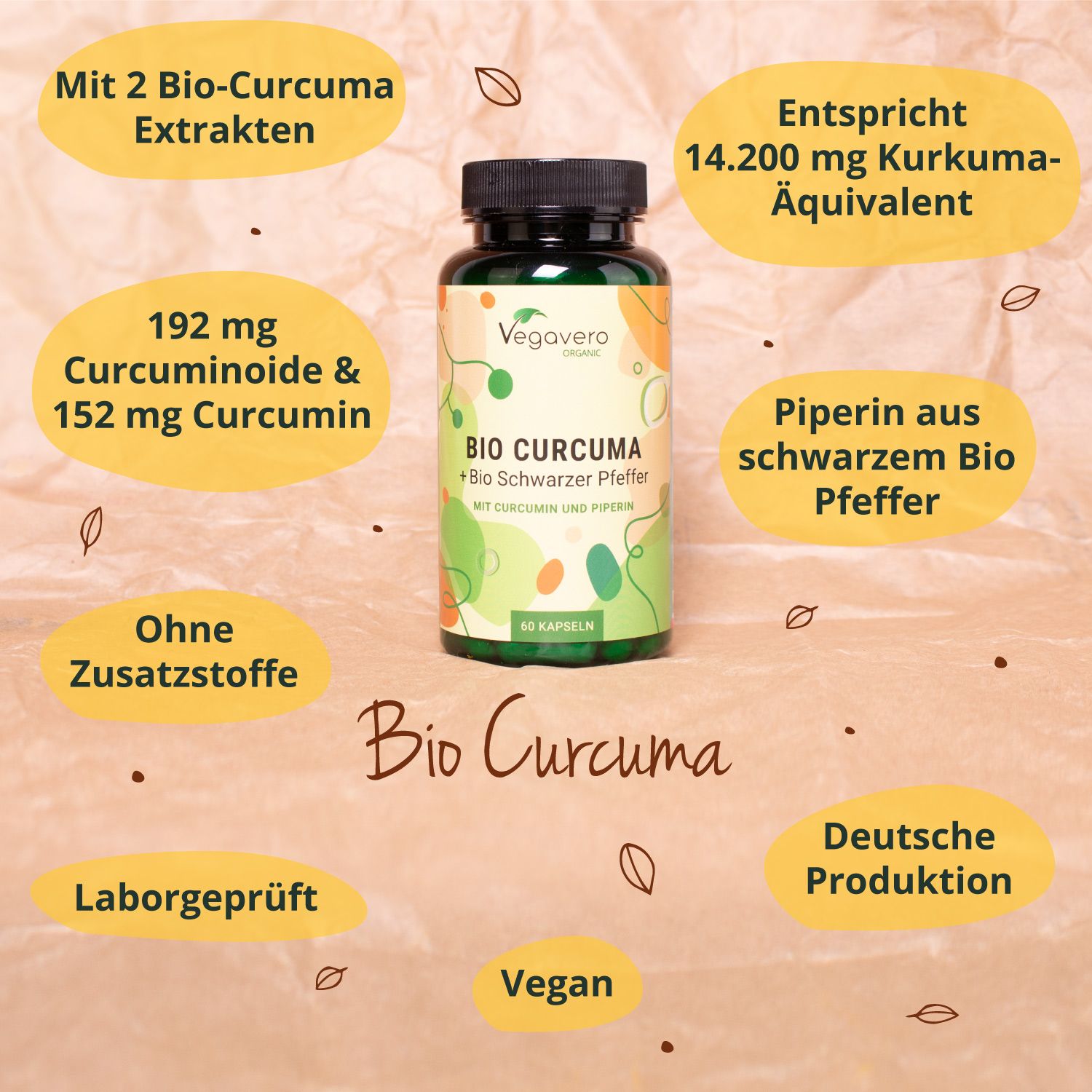 Produktflasche mit Informationen. Enthält 60 Kapseln. Zusätzliche Informationen: vegan, Laborgeprüft, deutsche Produktion.