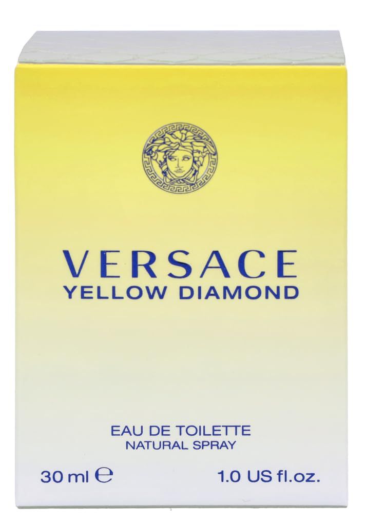 Gelbe Verpackung von Versace Yellow Diamond. Aufschrift: Versace, Yellow Diamond, Eau de Toilette, 30 ml, 1.0 US fl.oz.