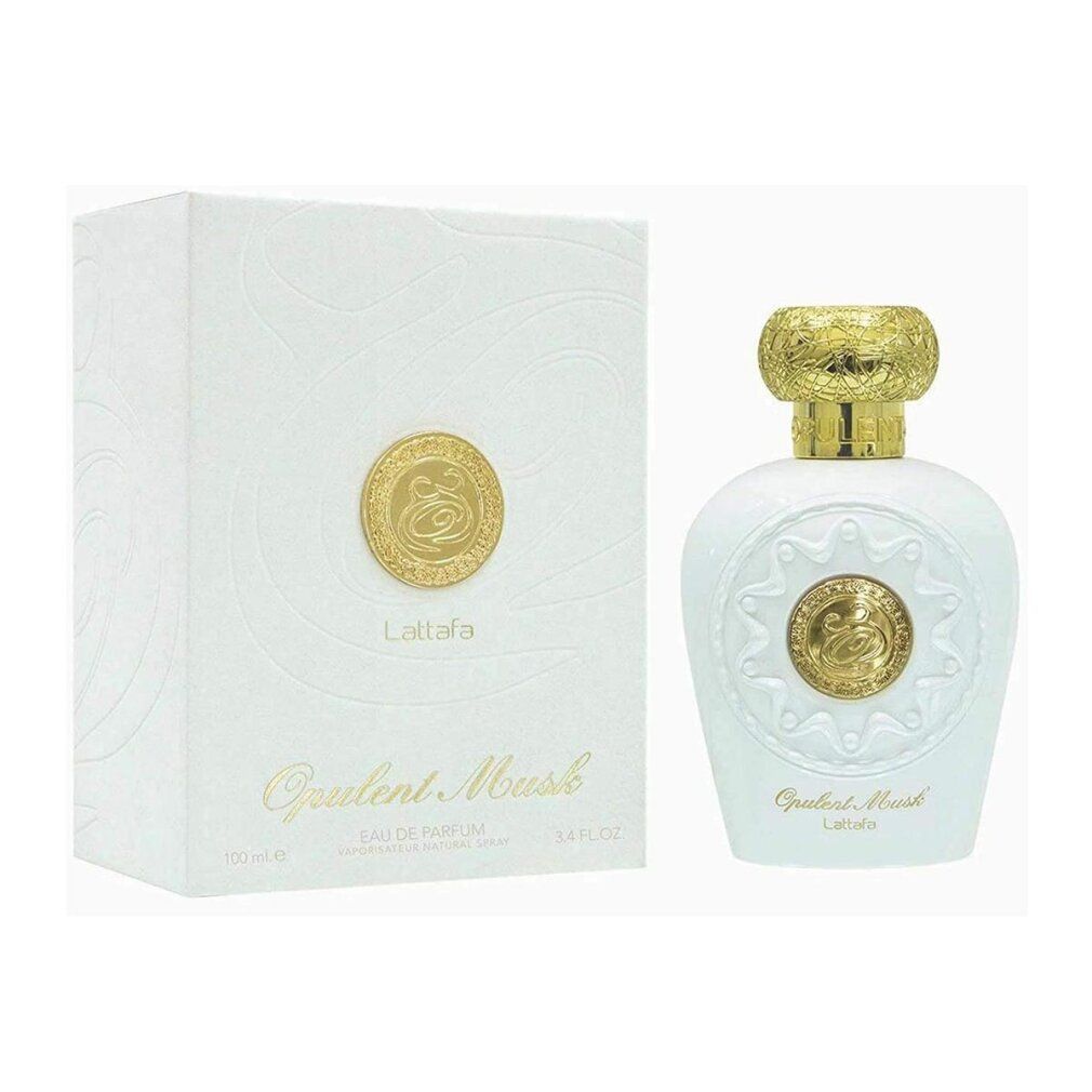 Parfumflasche und Verpackung. Flasche weiß mit goldenem Deckel. Verpackung weiß mit Logo. Aufschrift: Opulent Musk, Lattafa.