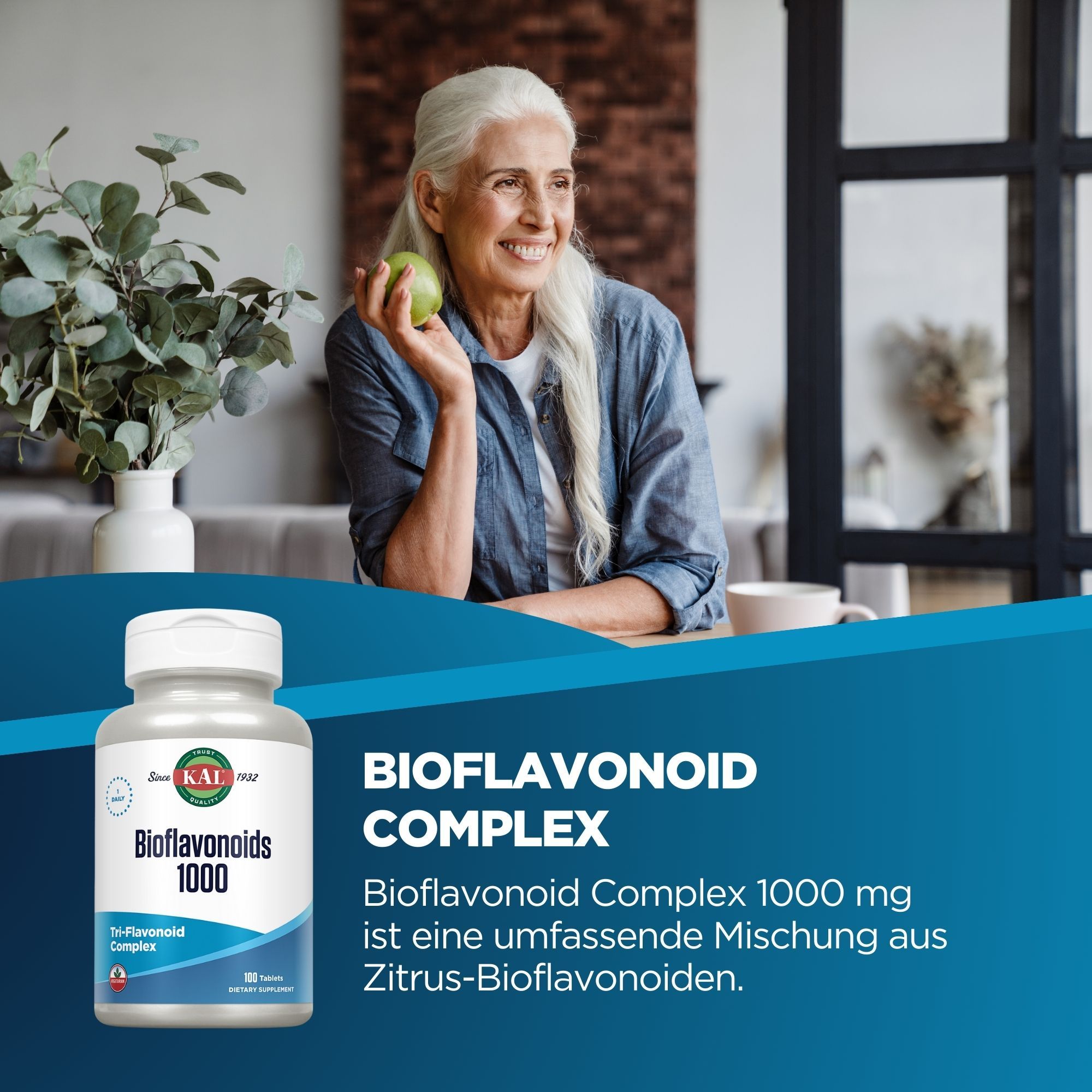 Weißes Fläschchen mit KAL Bioflavonoid Complex 1000 mg. Frau mit Apfel im Hintergrund. Text: Bioflavonoid Complex.