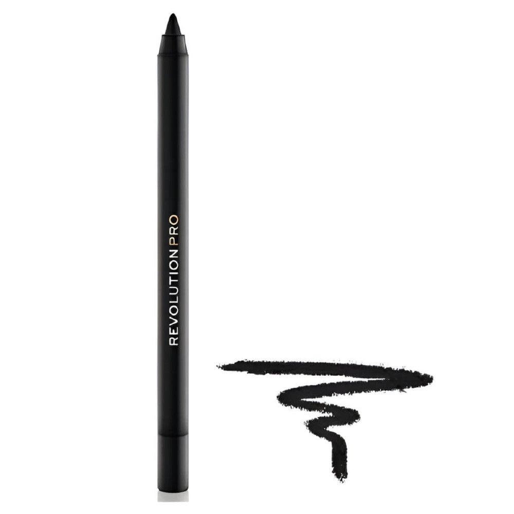 Schwarzer Eyeliner-Stift mit Schriftzug "REVOLUTION PRO". Daneben ein schwarzer Strich.