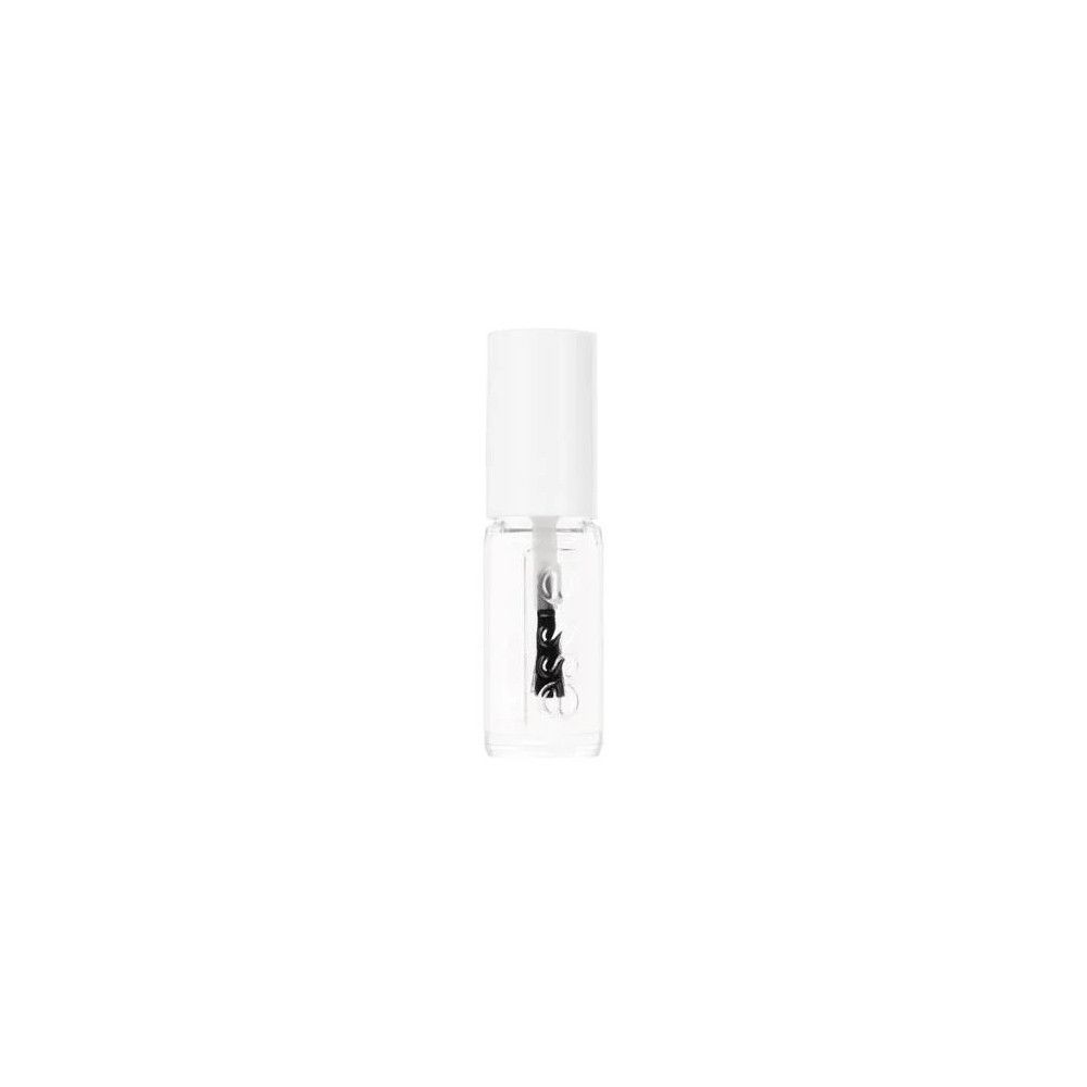 Klarer Nagellack in einer kleinen, rechteckigen Glasflasche mit weißem Deckel. Der Pinsel ist sichtbar.
