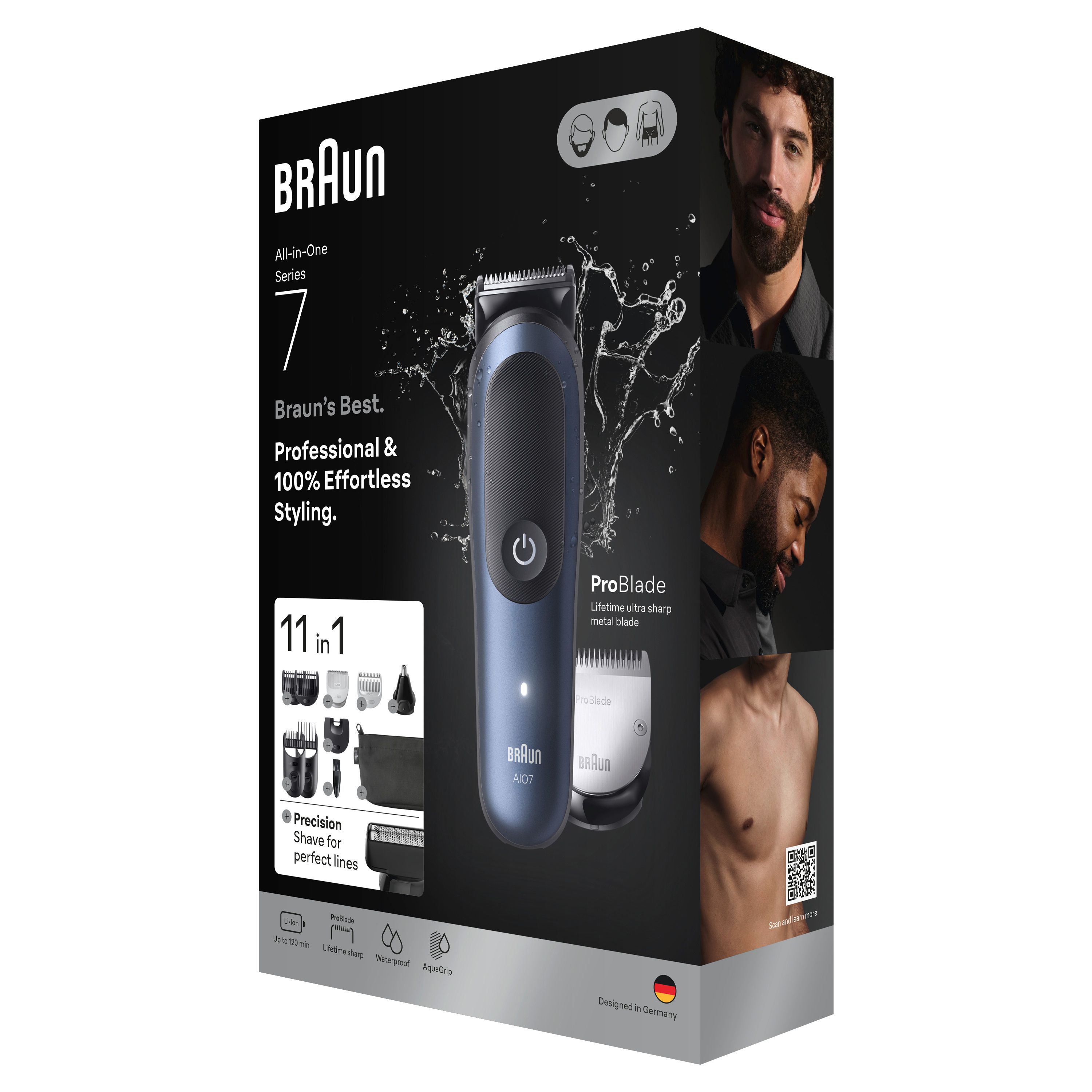 Verpackung des Braun All-in-One Style Kit Series 7. Produkt, Zubehör und Modelabbildungen.