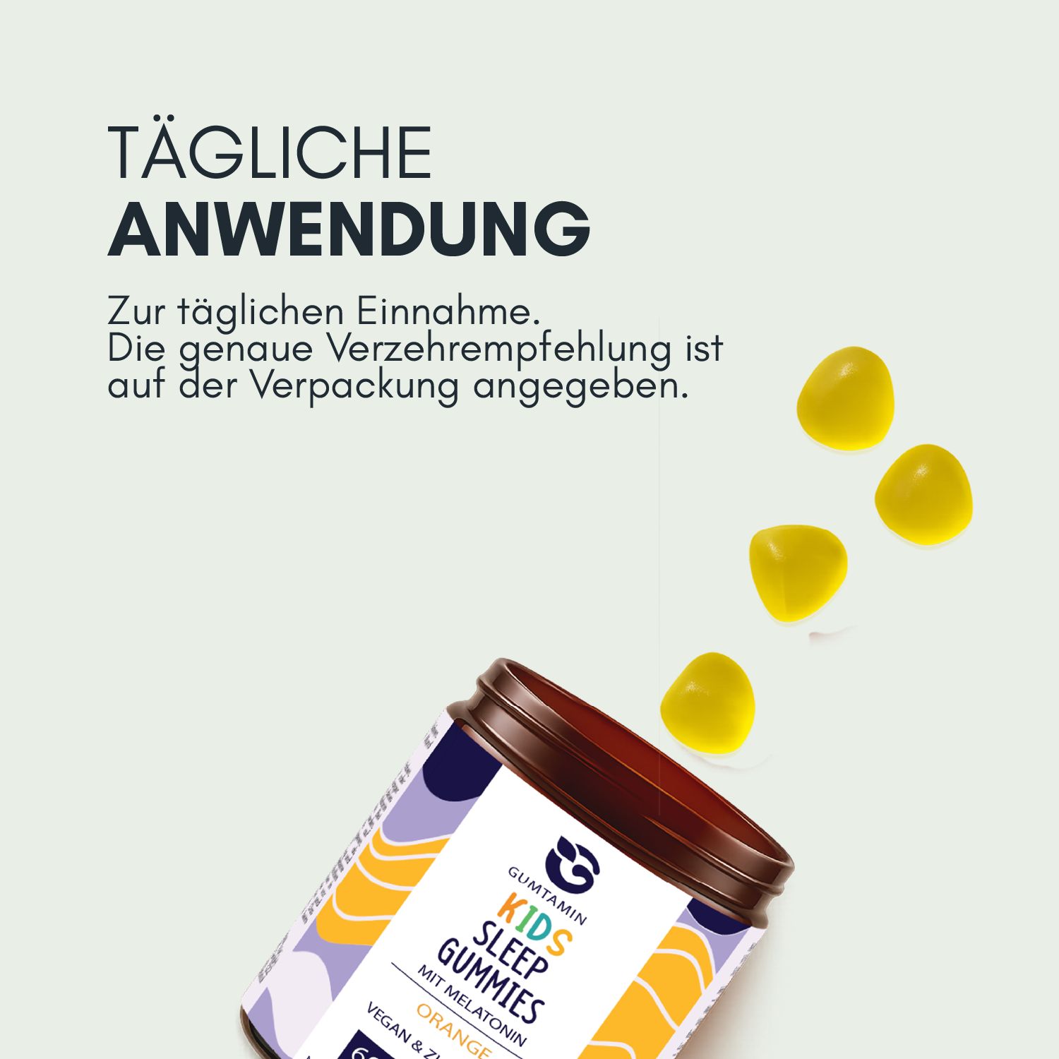 Tägliche Anwendung. Geöffnete Dose Gumtamin Kinder Sleep Gummies mit Melatonin. Gelbe Gummies. Text: Zur täglichen Einnahme.