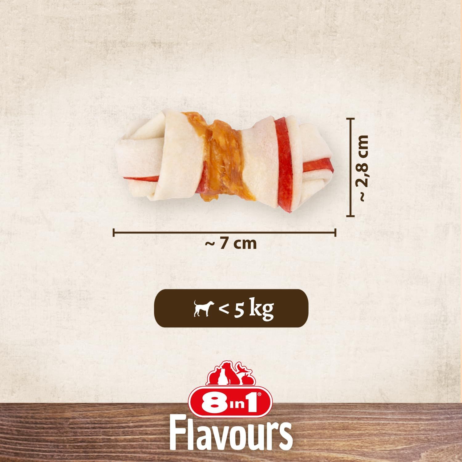 Ein einzelner Kausnack XS, ca. 7 cm lang, 2,8 cm breit, für Hunde unter 5 kg.