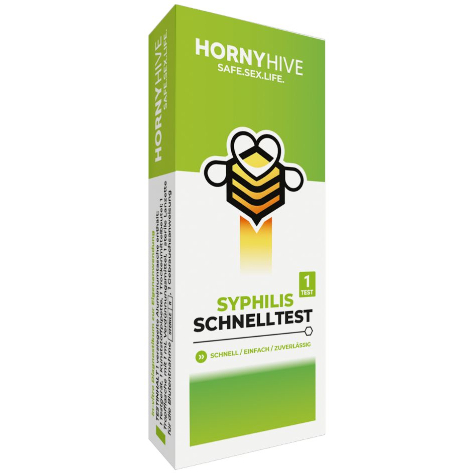 Schachtel mit "Syphilis Schnelltest". Grün-weißes Design. Logo: gelbe Biene. Text: "HORNYHIVE SAFE.SEX.LIFE."