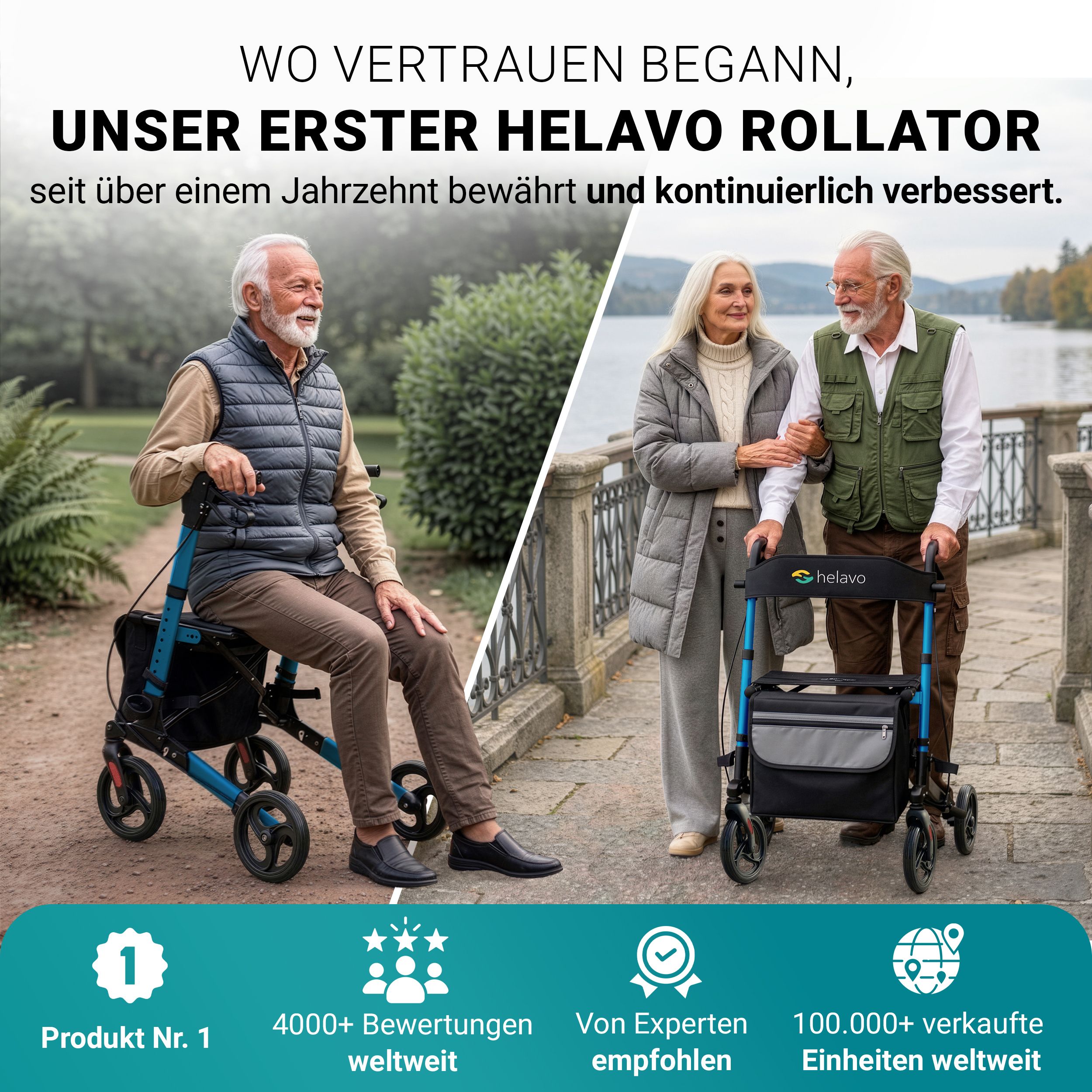 Zwei Helavo Rollatoren im Freien, einer mit sitzendem Mann, einer mit gehendem Paar.