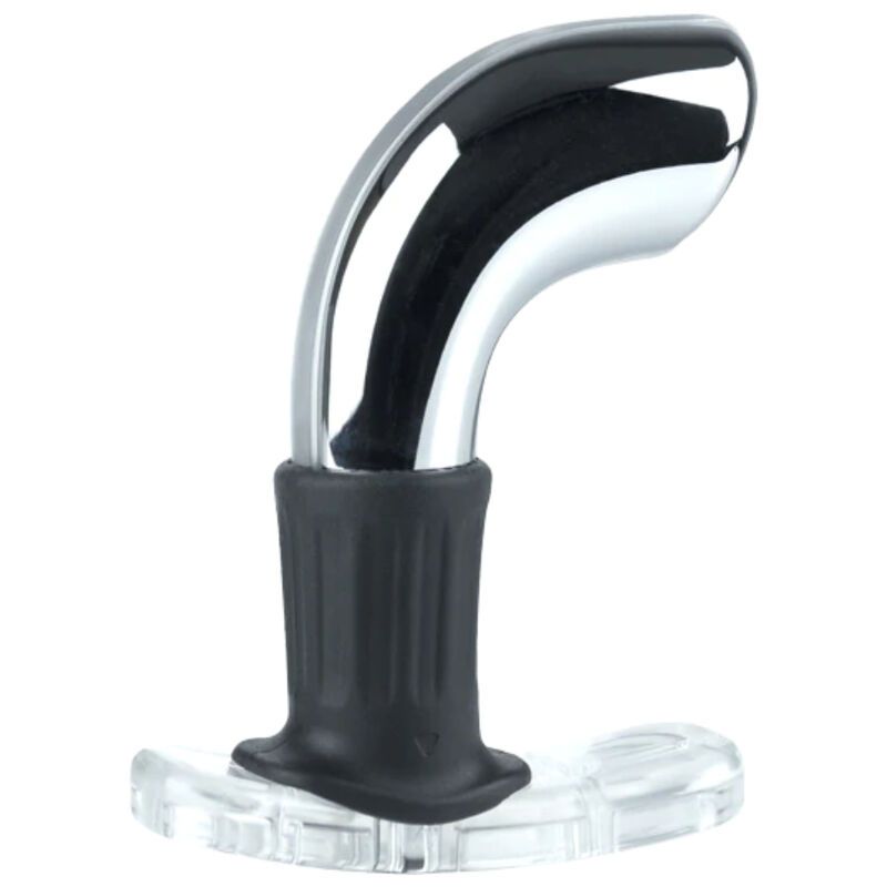 Gerät mit Metallaufsatz, schwarzem Ring und transparentem Fuß. Gebogene Form.