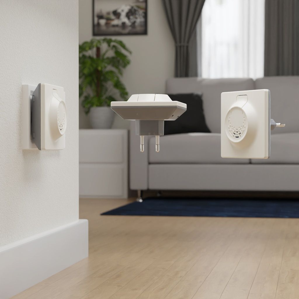 Mehrere Geräte gegen Hausstaubmilben an der Wand und in der Luft. Cremefarben, mit Stecker.