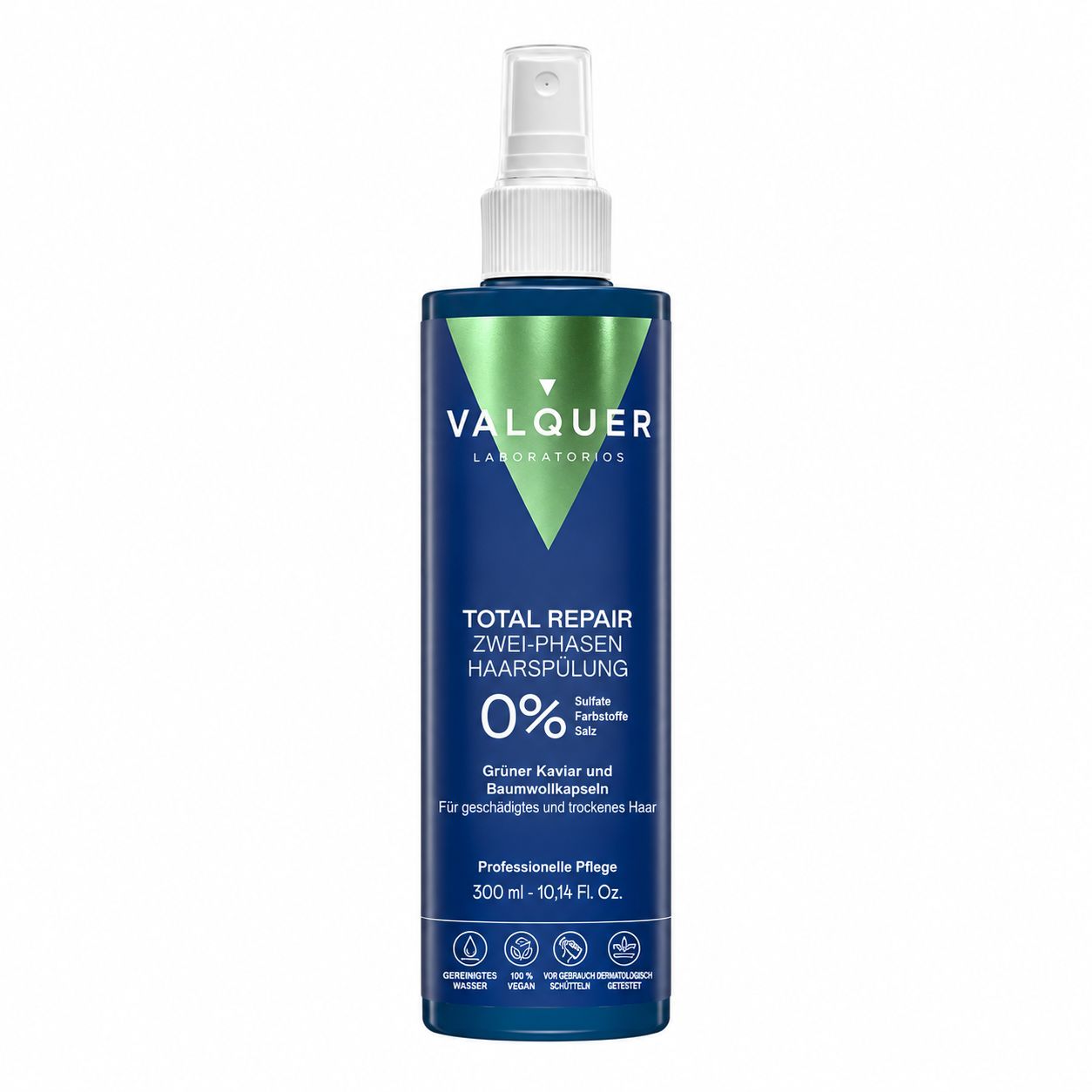 Dunkelblaue Flasche Valquer Total Repair Spray mit grünem V-Logo.